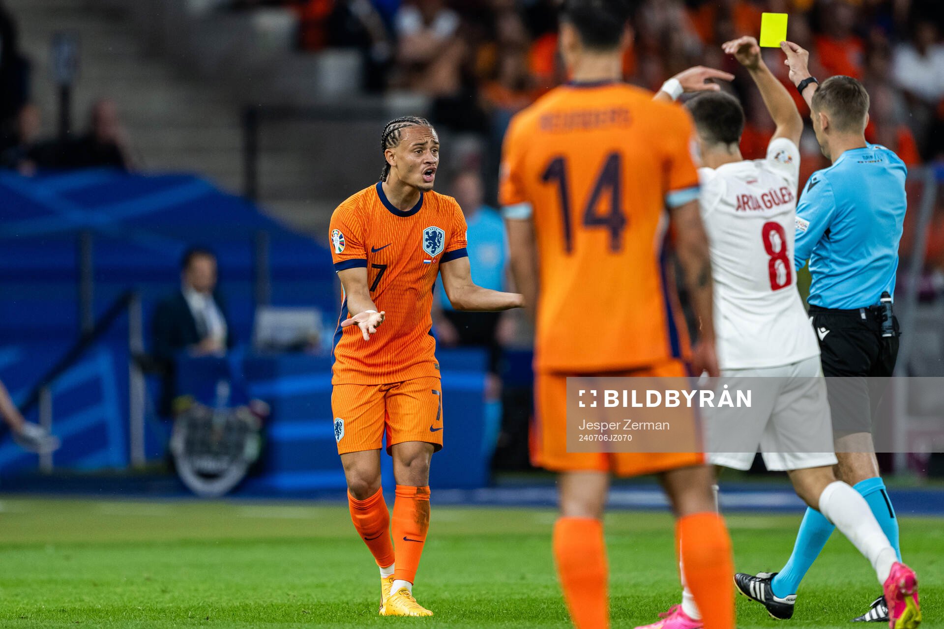 Xavi Simons of Netherlands reacts when receiving a warning