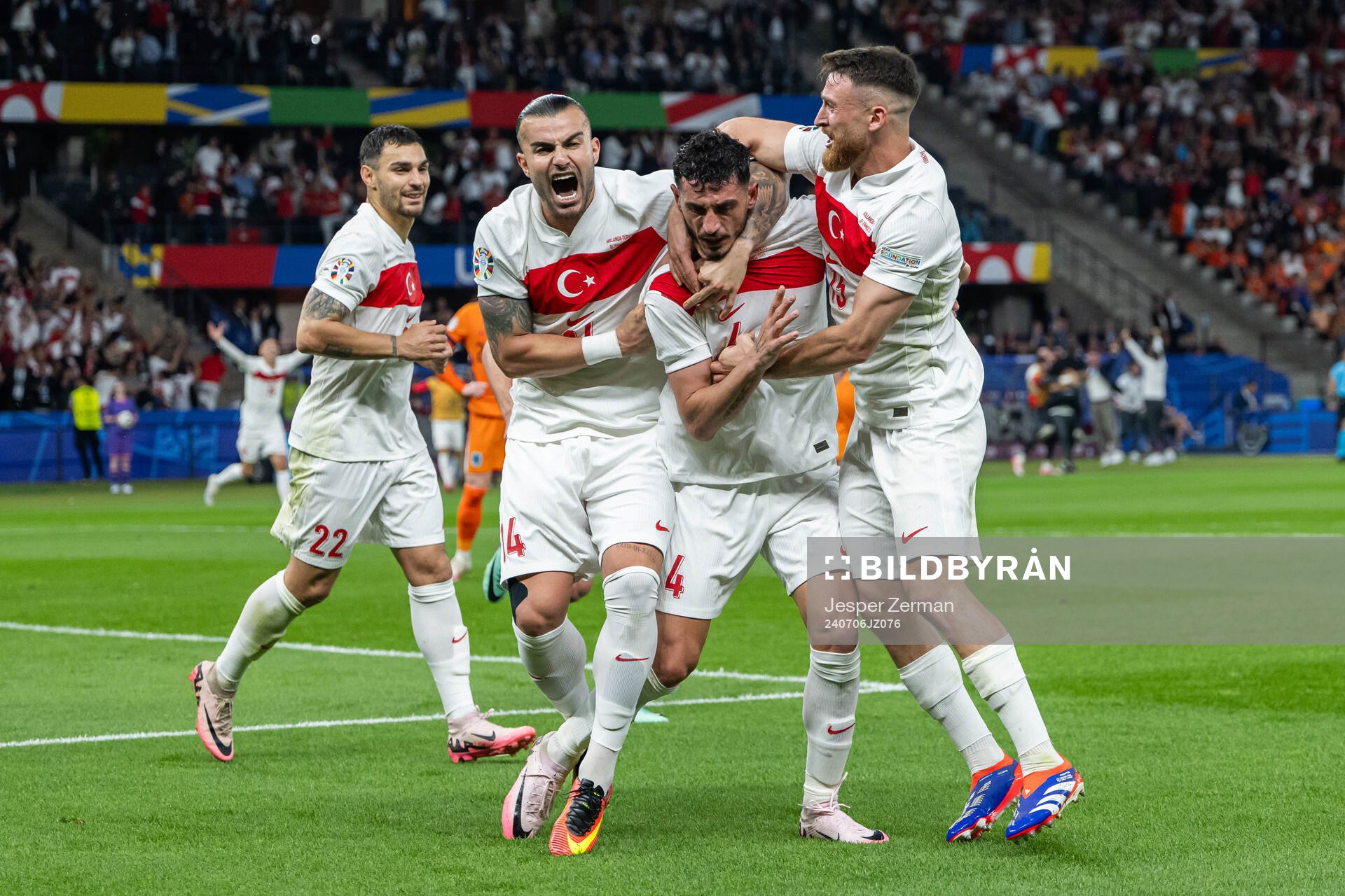 Samet Akaydin of Turkey celebrates after scoring 0-1 during the UEFA Euro 2024 Football Championship quarterfinal between Netherlands and Turkey on July 6, 2024 in Berlin. 

