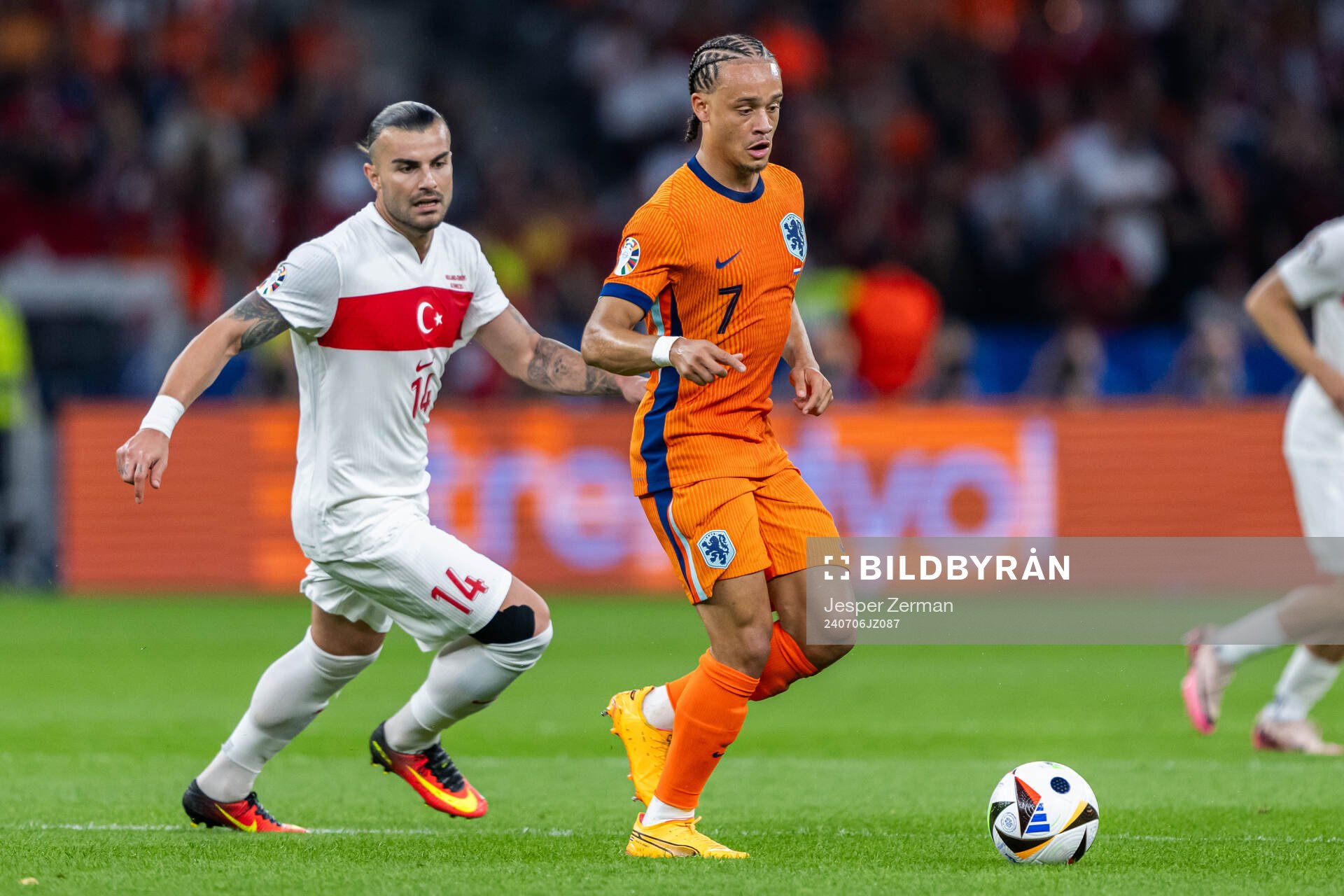 Xavi Simons of Netherlands and Abdulkerim Bardakci of Turkey during the UEFA Euro 2024 Football Championship quarterfinal between Netherlands and Turkey on July 6, 2024 in Berlin.