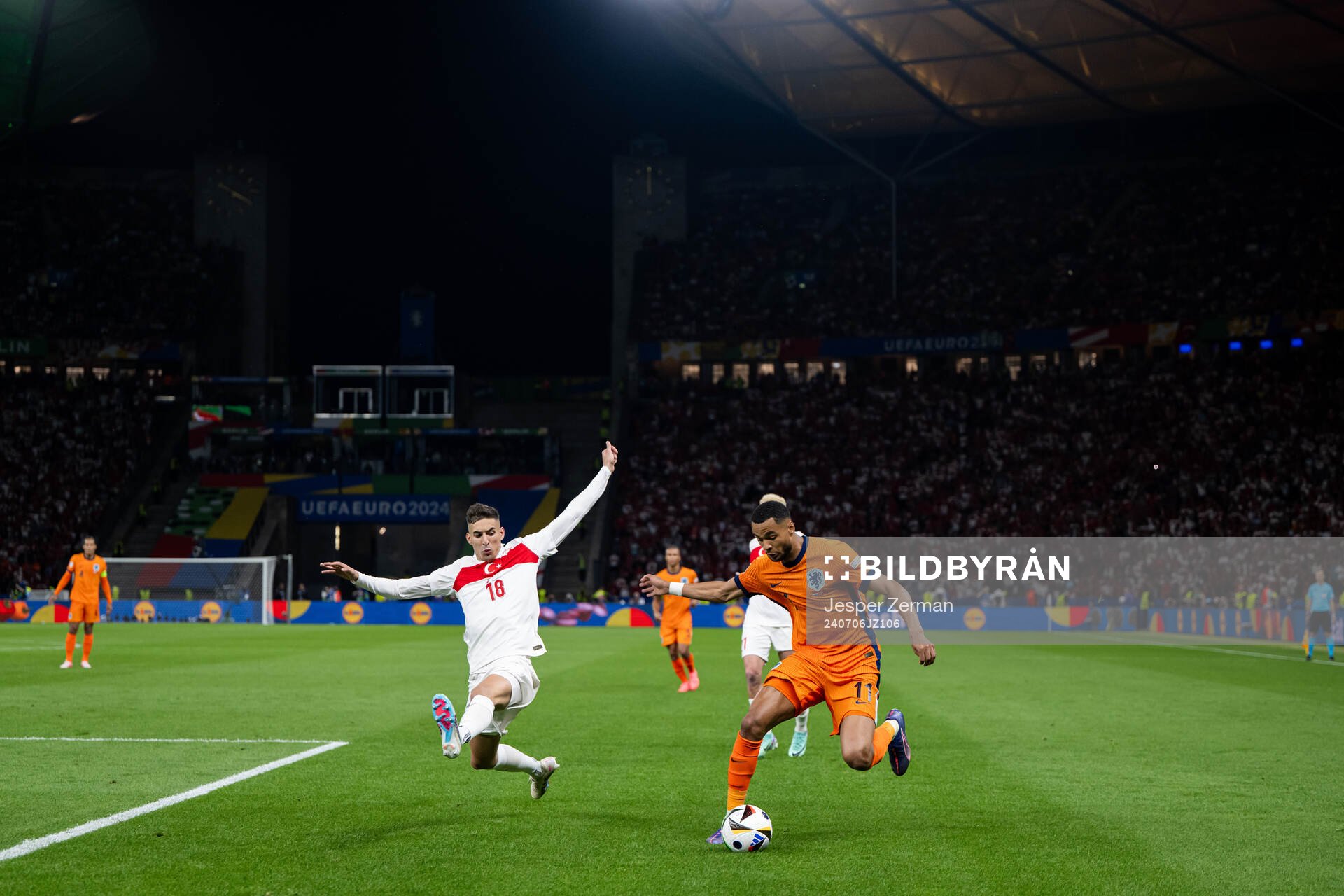 Mert Muldur of Turkey and Cody Gakpo of Netherlands during the UEFA Euro 2024 Football Championship quarterfinal between Netherlands and Turkey on July 6, 2024 in Berlin.