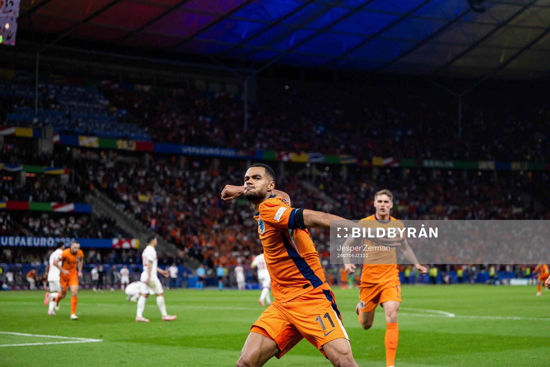 Cody Gakpo of Netherlands celebrates after 2-1 during the UEFA Euro 2024 Football Championship quarterfinal between Netherlands and Turkey on July 6, 2024 in Berlin.
