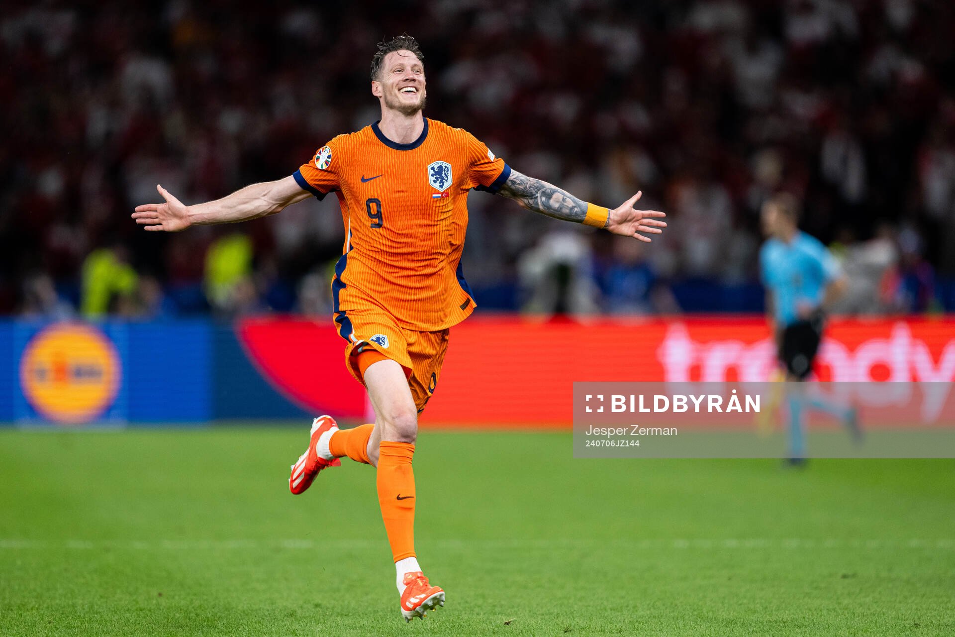 Wout Weghorst of Netherlands celebrates after the UEFA Euro 2024 Football Championship quarterfinal between Netherlands and Turkey on July 6, 2024 in Berlin. 
