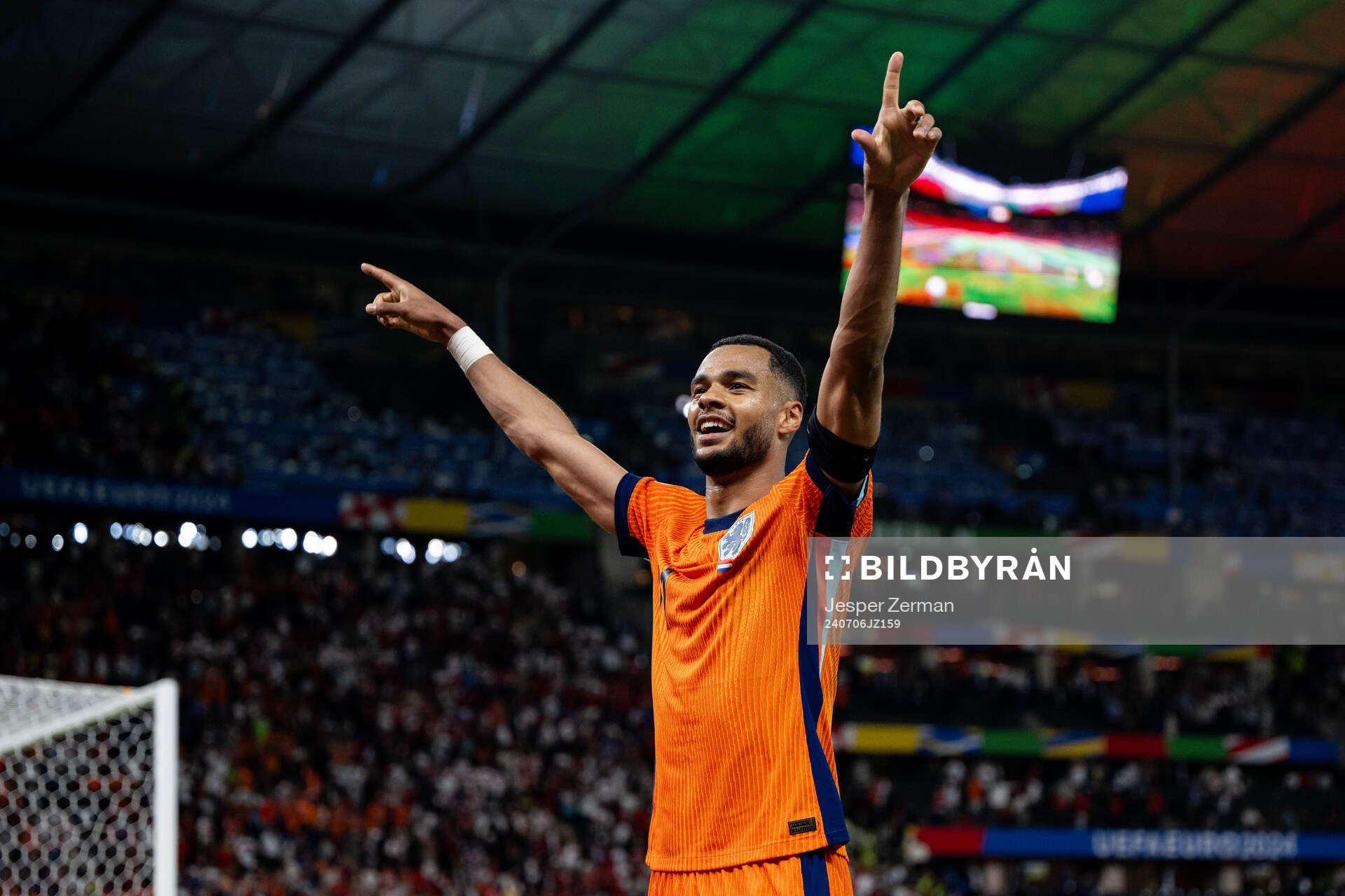 Cody Gakpo of Netherlands celebrates after the UEFA Euro 2024 Football Championship quarterfinal between Netherlands and Turkey on July 6, 2024 in Berlin.