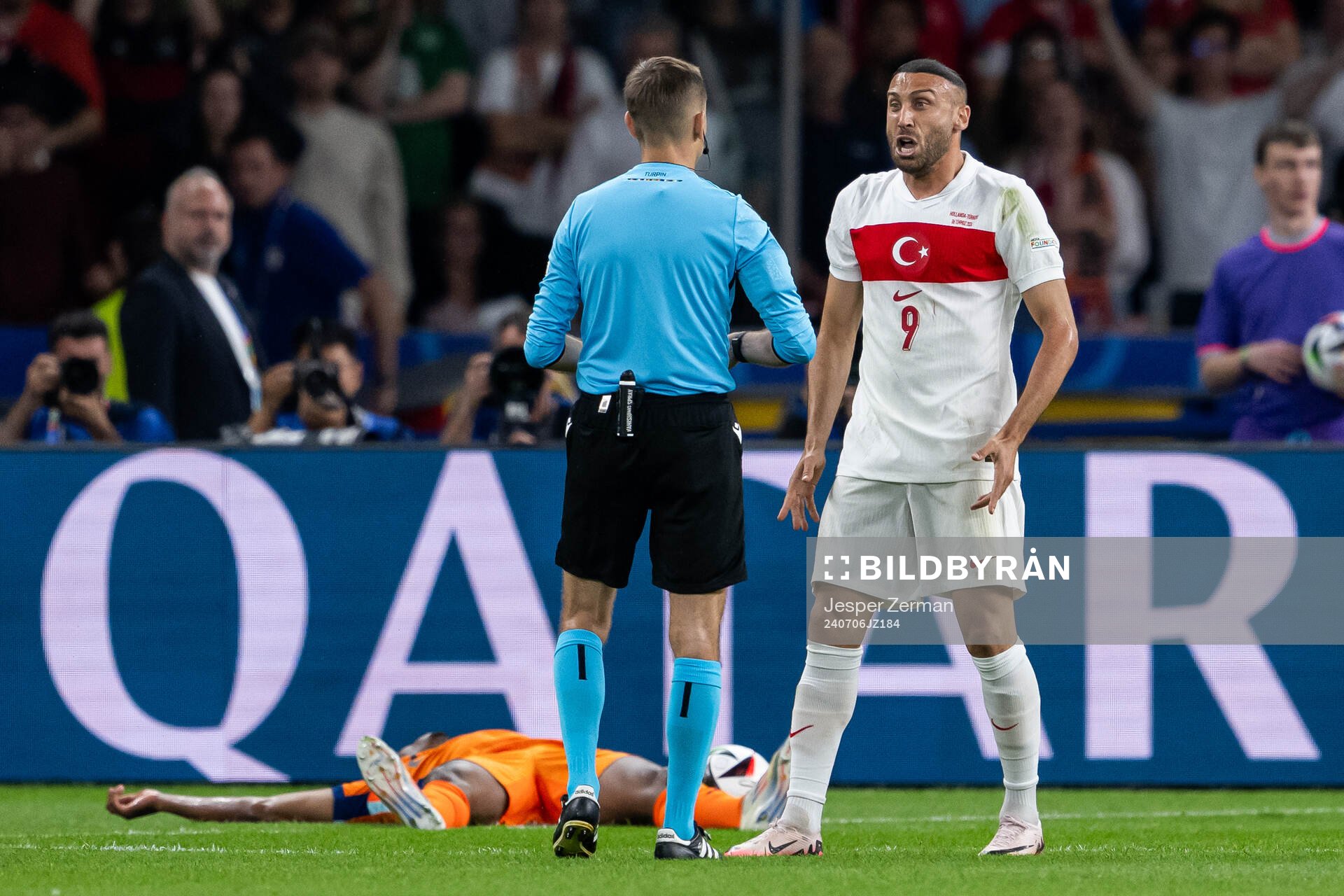 Cenk Tosun of Turkey reacts during the UEFA Euro 2024 Football Championship quarterfinal between Netherlands and Turkey on July 6, 2024 in Berlin.