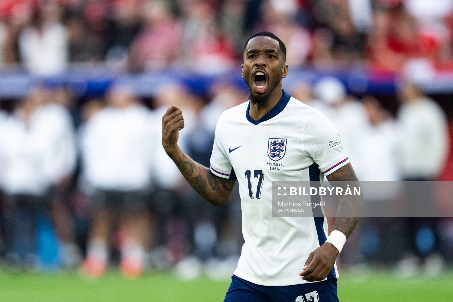 Ivan Toney of England celebrates after scoring a penalty during the UEFA Euro 2024 Football Championship quarterfinal between England and Switzerland on July 6, 2024 in Düsseldorf.