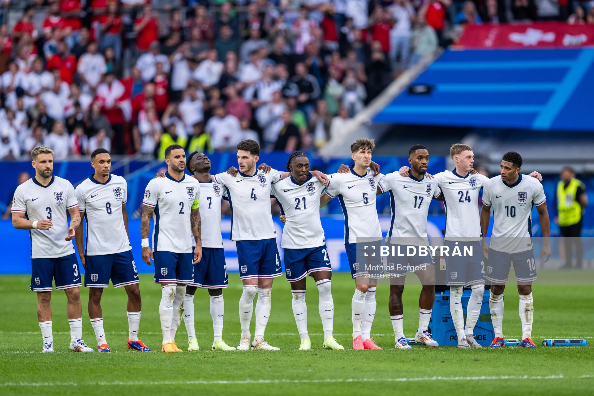 Players of England at the penalty shoot out during the UEFA Euro 2024 Football Championship quarterfinal between England and Switzerland on July 6, 2024 in Düsseldorf.