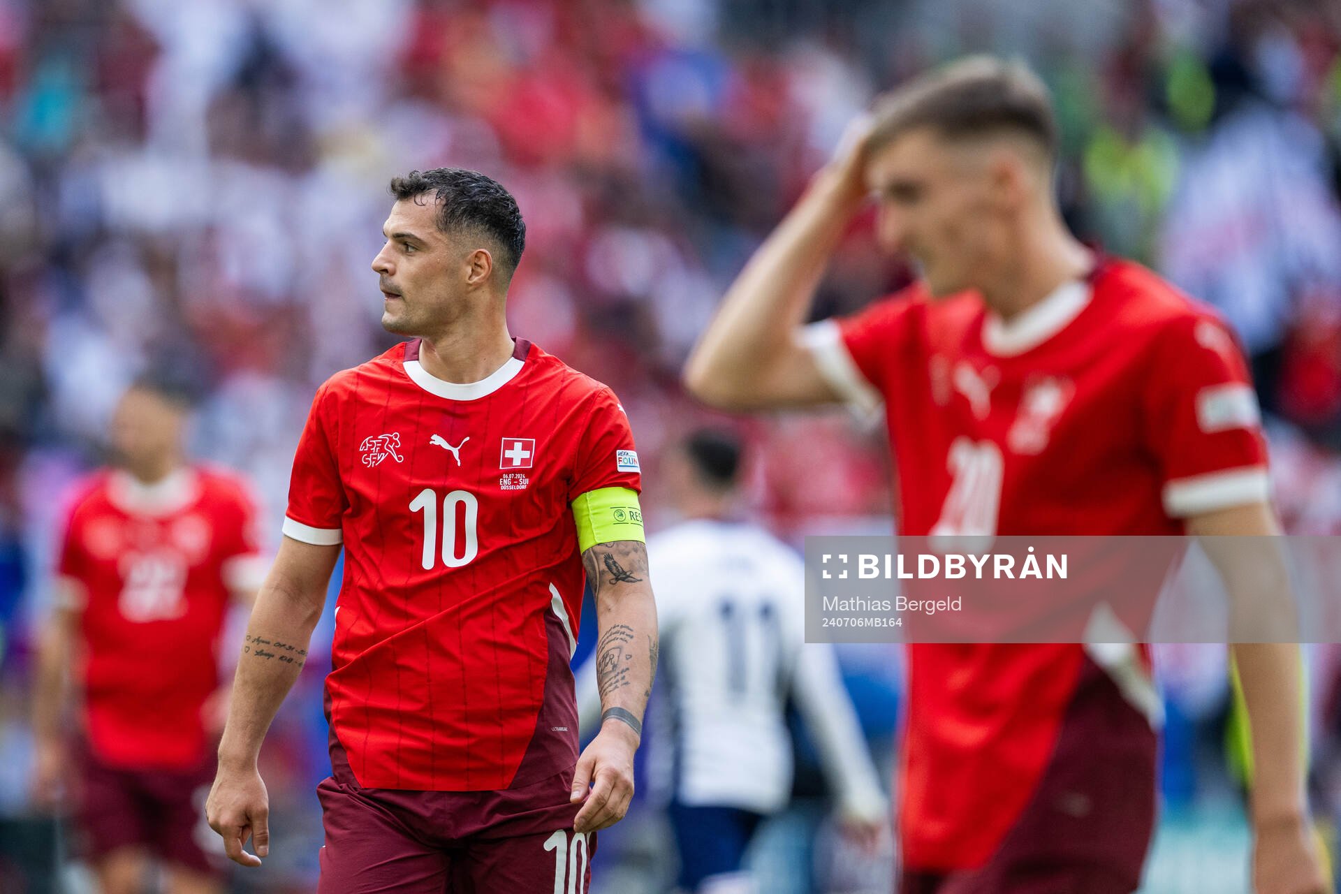 Granit Xhaka of Switzerland during the UEFA Euro 2024 Football Championship quarterfinal between England and Switzerland on July 6, 2024 in Düsseldorf.