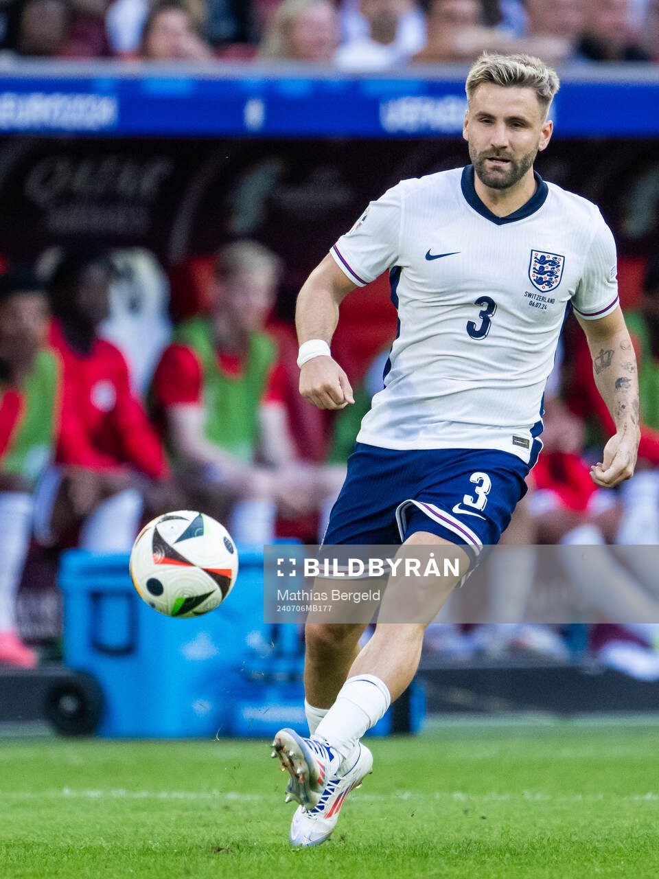 Luke Shaw of England during the UEFA Euro 2024 Football Championship quarterfinal between England and Switzerland on July 6, 2024 in Düsseldorf.