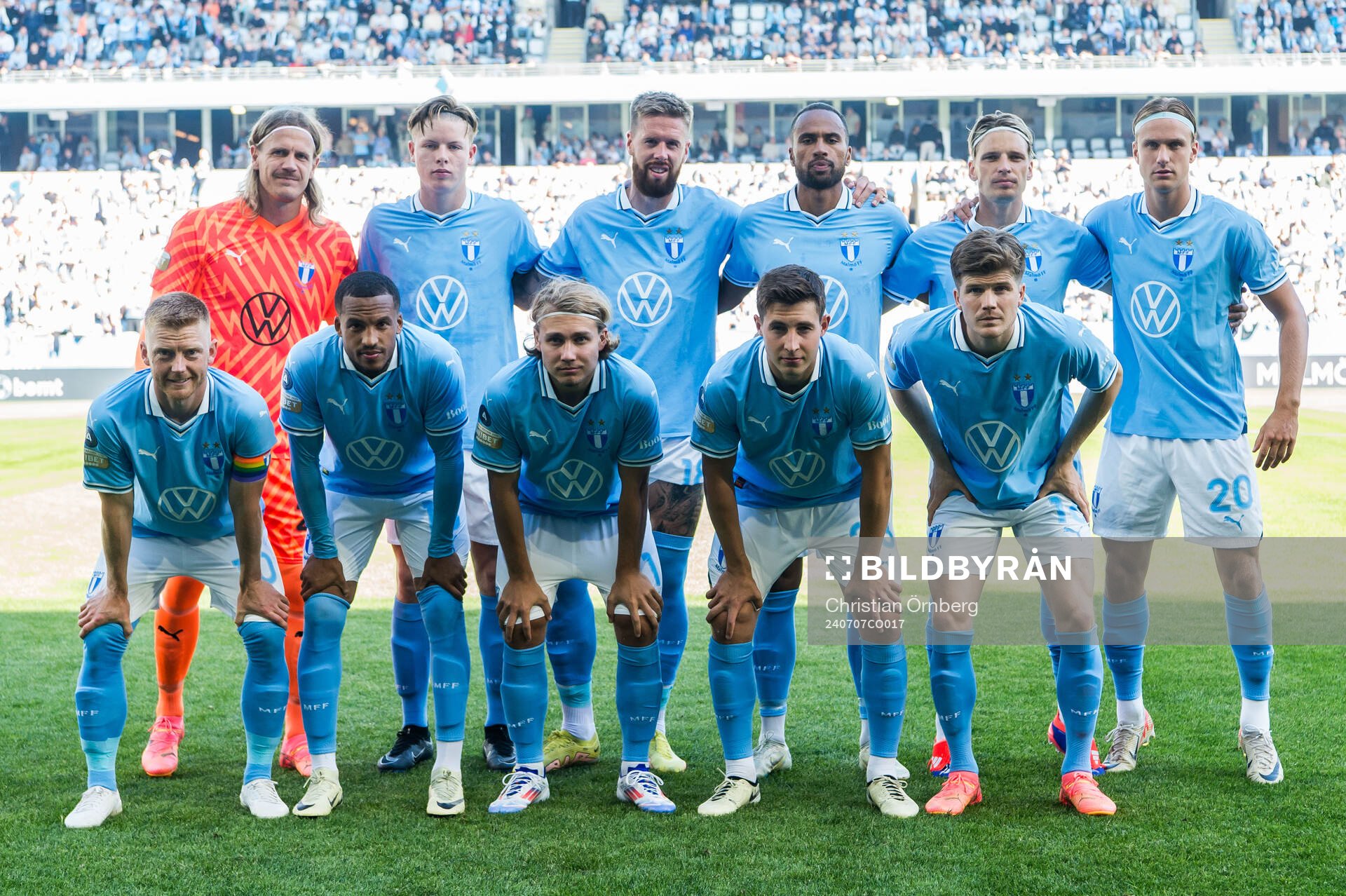 Malmö FFs startelva inför fotbollsmatchen i Allsvenskan mellan Malmö FF och Halmstad den 7 juli 2024 i Malmö. 