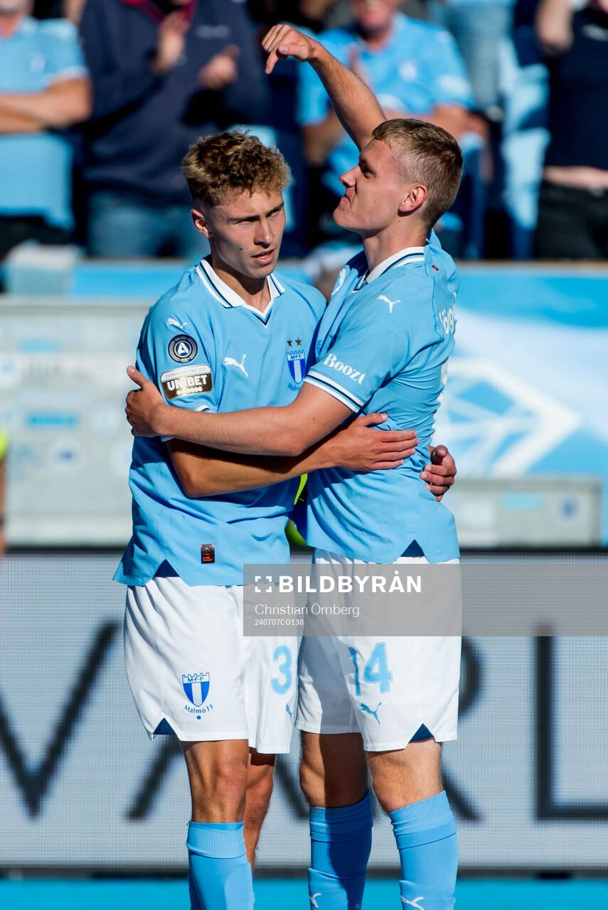 Malmö FFs Hugo Bolin och Sebastian Jörgensen jublar