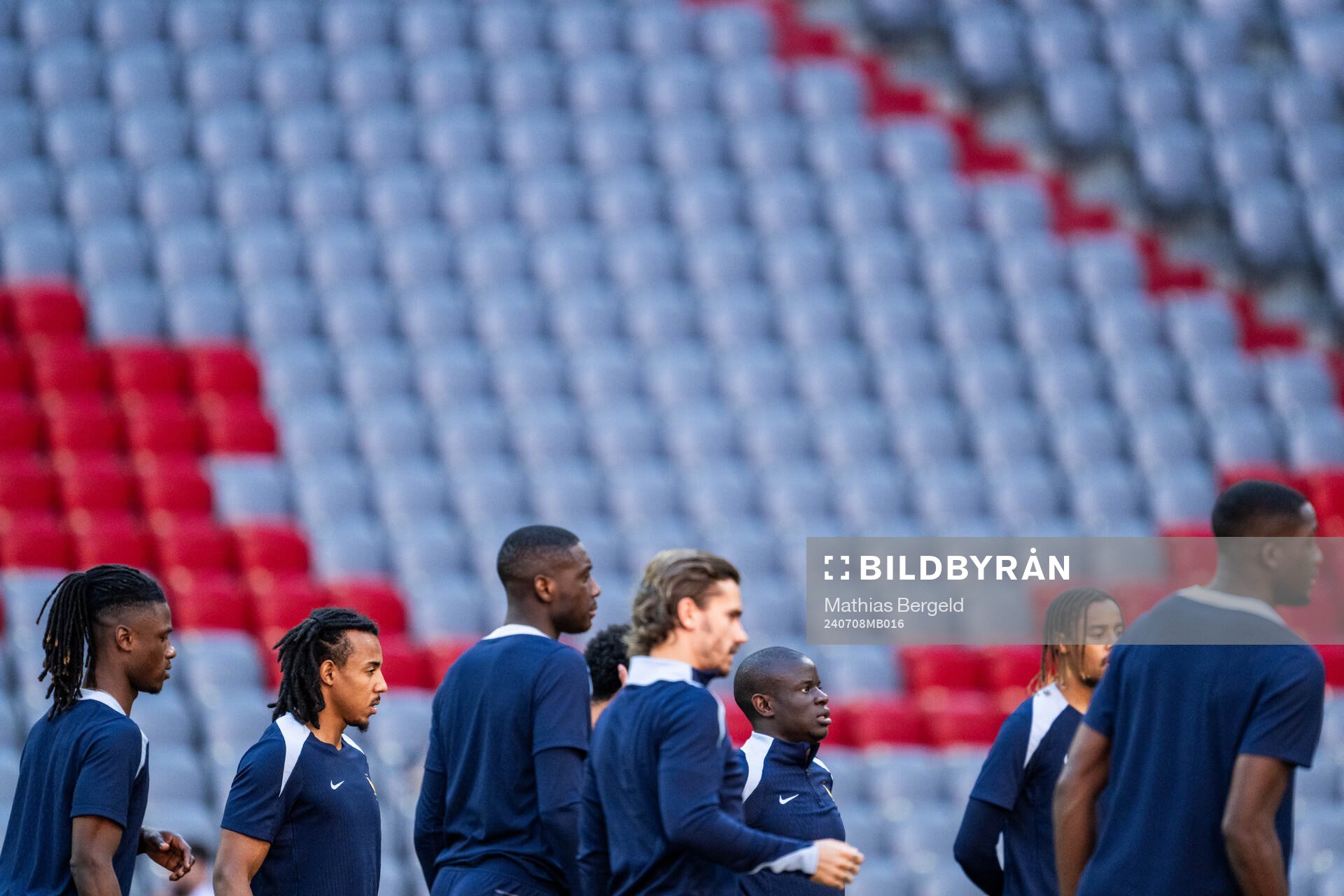 Jules Koundé and N'Golo Kanté at a training session with France during the UEFA Euro 2024 Football Championship on July 8, 2024 in Munich.