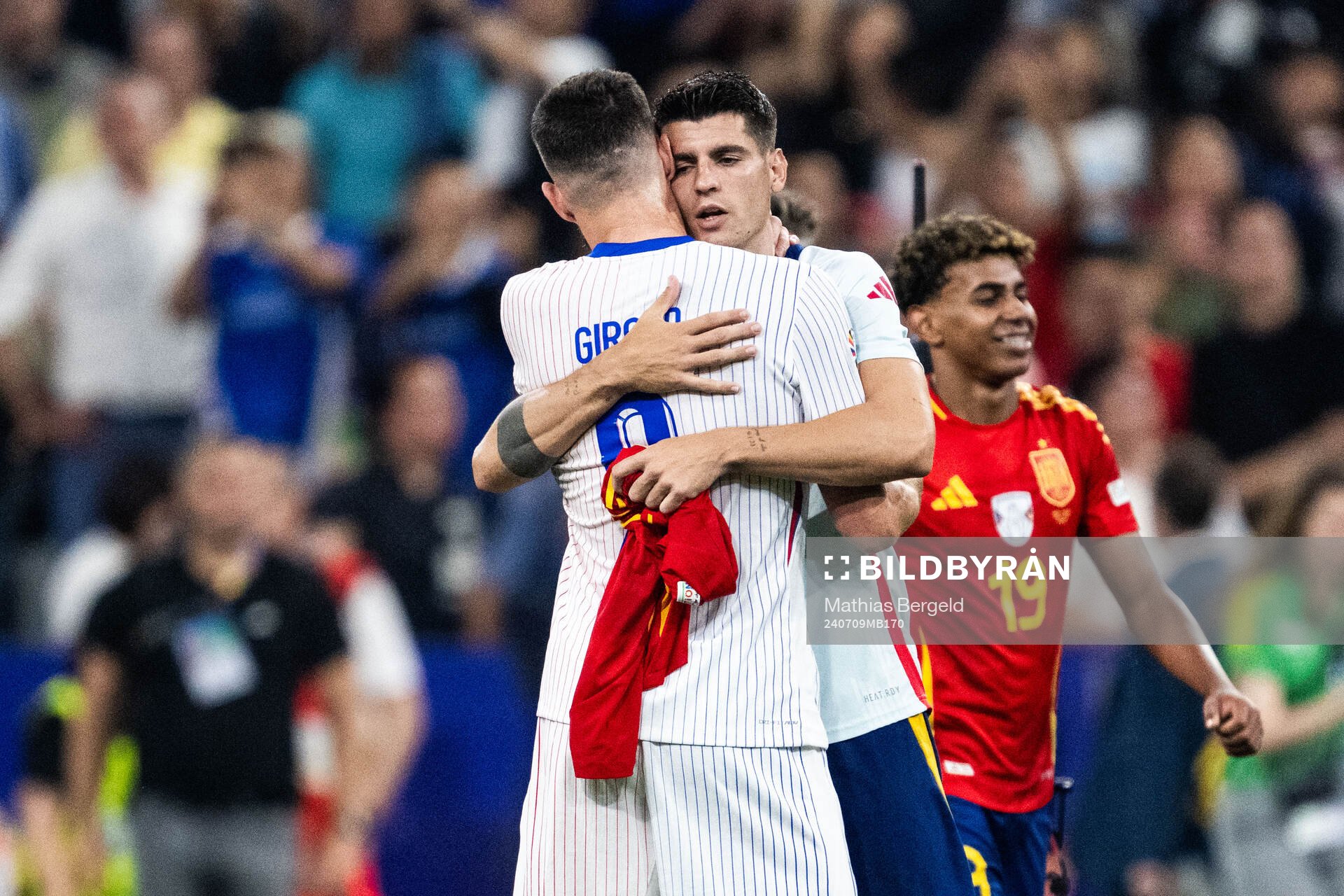 Olivier Giroud of France and Alvaro Morata of Spain after the UEFA Euro 2024 Football Championship semifinal between Spain and France on July 9, 2024 in Munich.