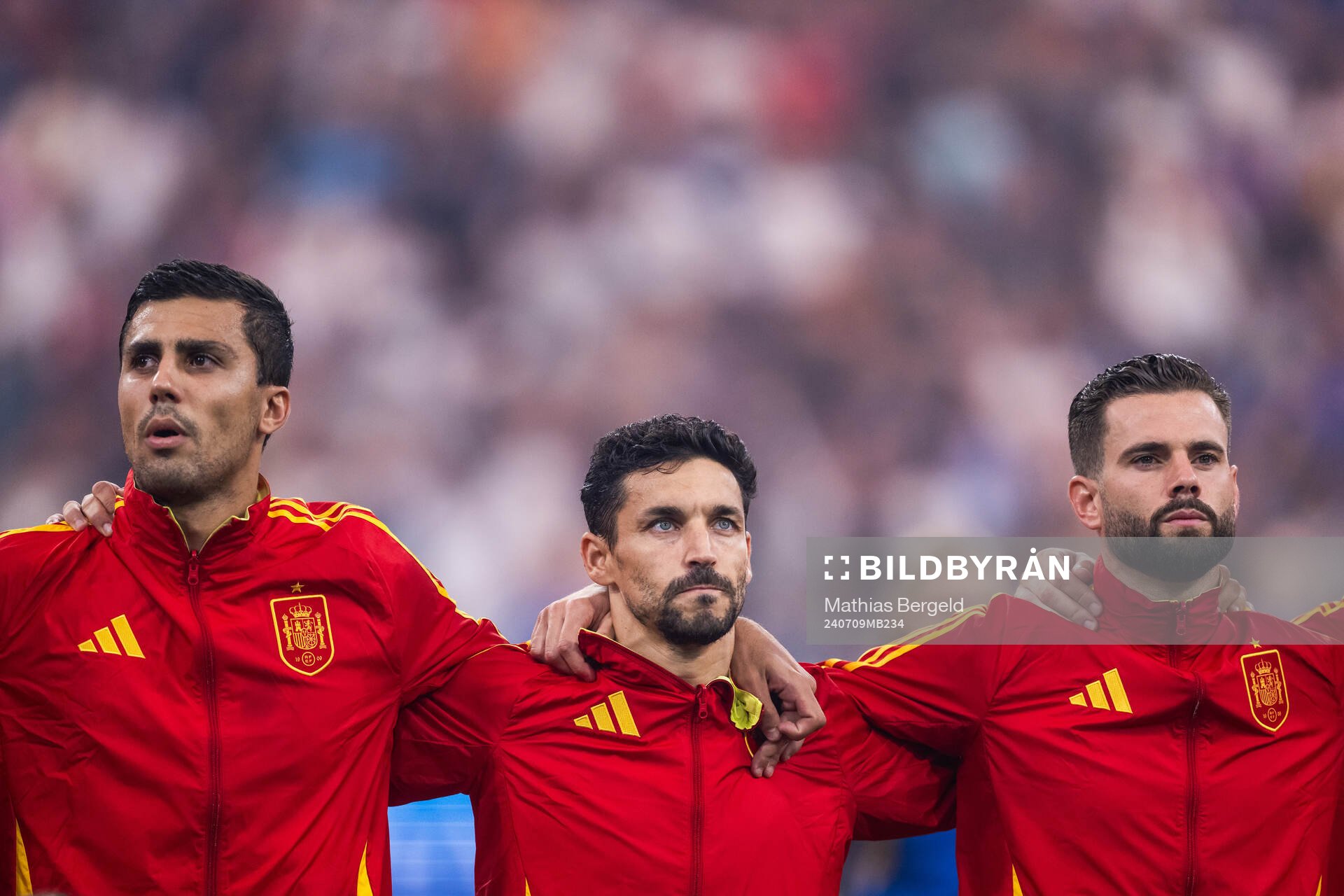 Rodrigo Hernandez, Jesus Navas and Nacho of Spain during line-up ahead of the UEFA Euro 2024 Football Championship semifinal between Spain and France on July 9, 2024 in Munich. 