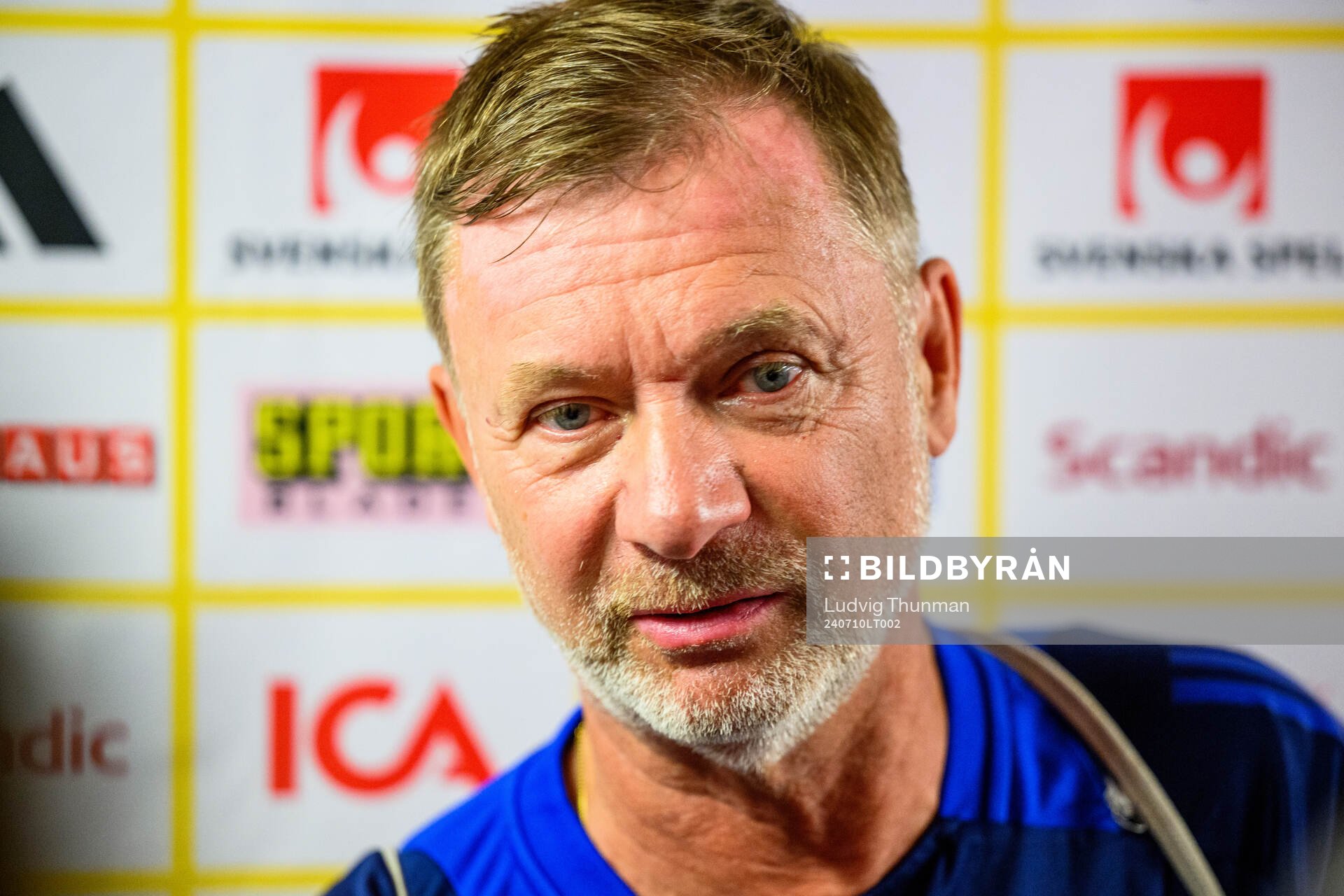 Head coach Peter Gerhardsson of the Swedish women's national football team is interviewed by the media at a press meeting during the on July 10, 2024 in Dijon.