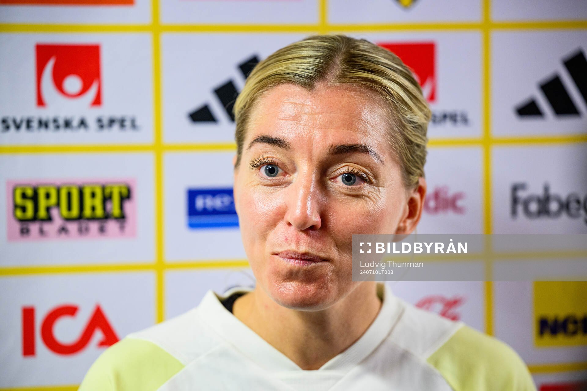 Linda Sembrant of the Swedish women's national football team is interviewed by the media at a press meeting during the on July 10, 2024 in Dijon.