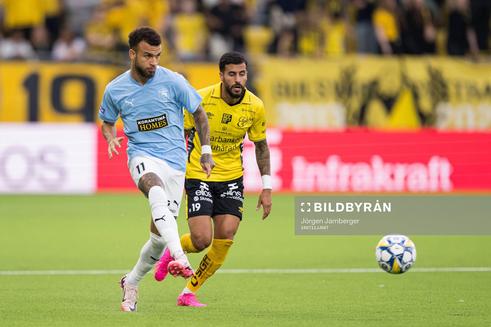 Jair Diego Alves De Brito of Pafos and Rami Kaib of Elfsborg during the UEFA Europa League qualification match between Elfsborg and Pafos on July 11, 2024 in Borås. 