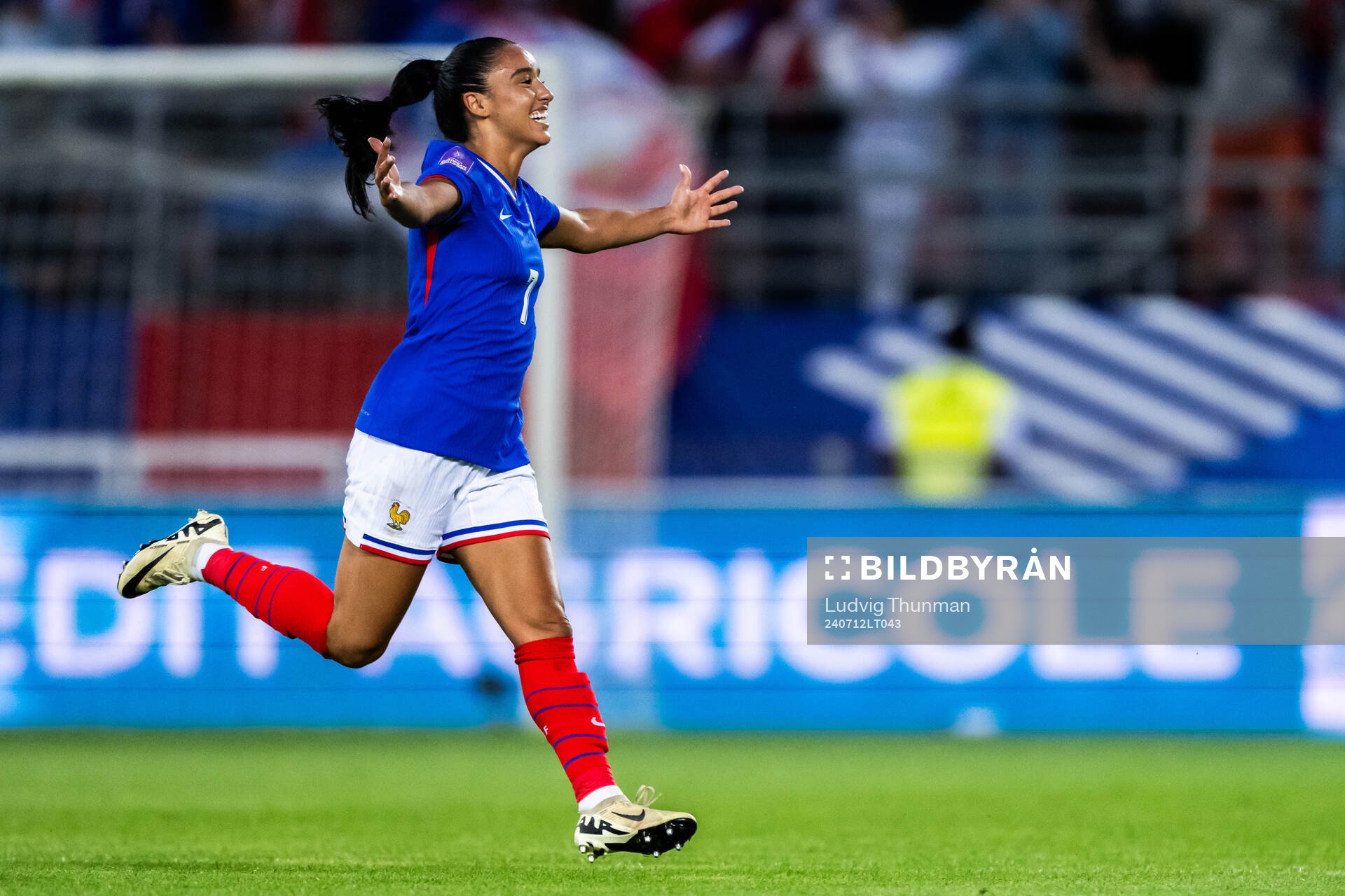 Sakina Karchaoui of France celebrates after scoring 1-0 during the UEFA Women's Euro qualifying football match between France and Sweden on July 12, 2024 in Dijon.