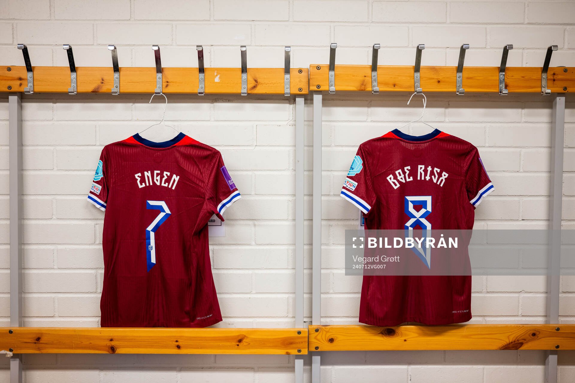 The kits of Ingrid Syrstad Engen and Vilde Bøe Risa of Norway in the dressing room ahead of the UEFA Women's Euro Qualifier football match between Finland and Norway on July 12, 2024 in Åbo.