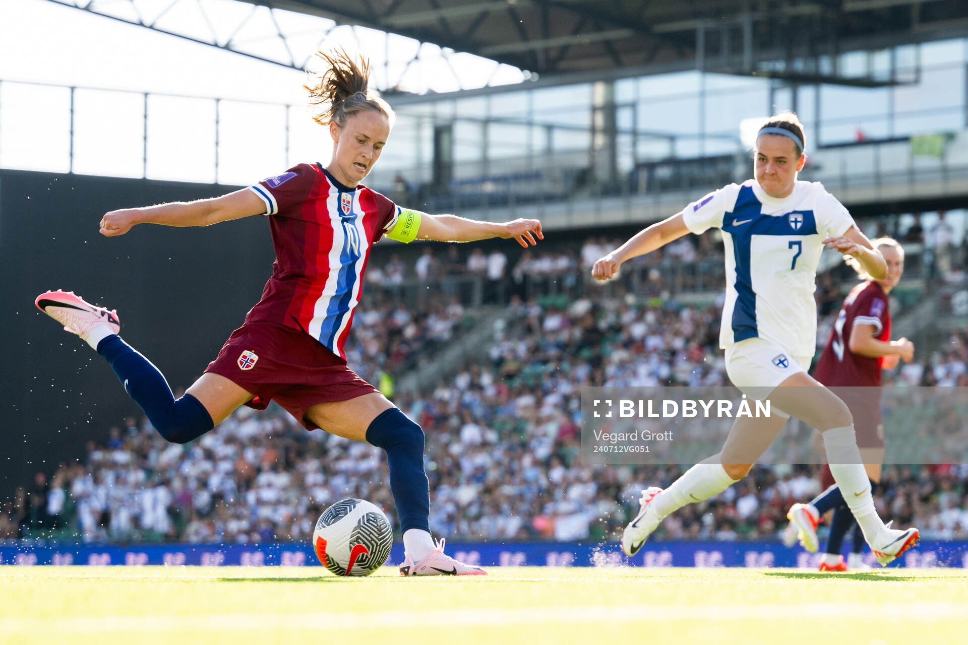 Caroline Graham Hansen of Norway and Joanna Tynnilä of Finland during the UEFA Women's Euro Qualifier football match between Finland and Norway on July 12, 2024 in Åbo.