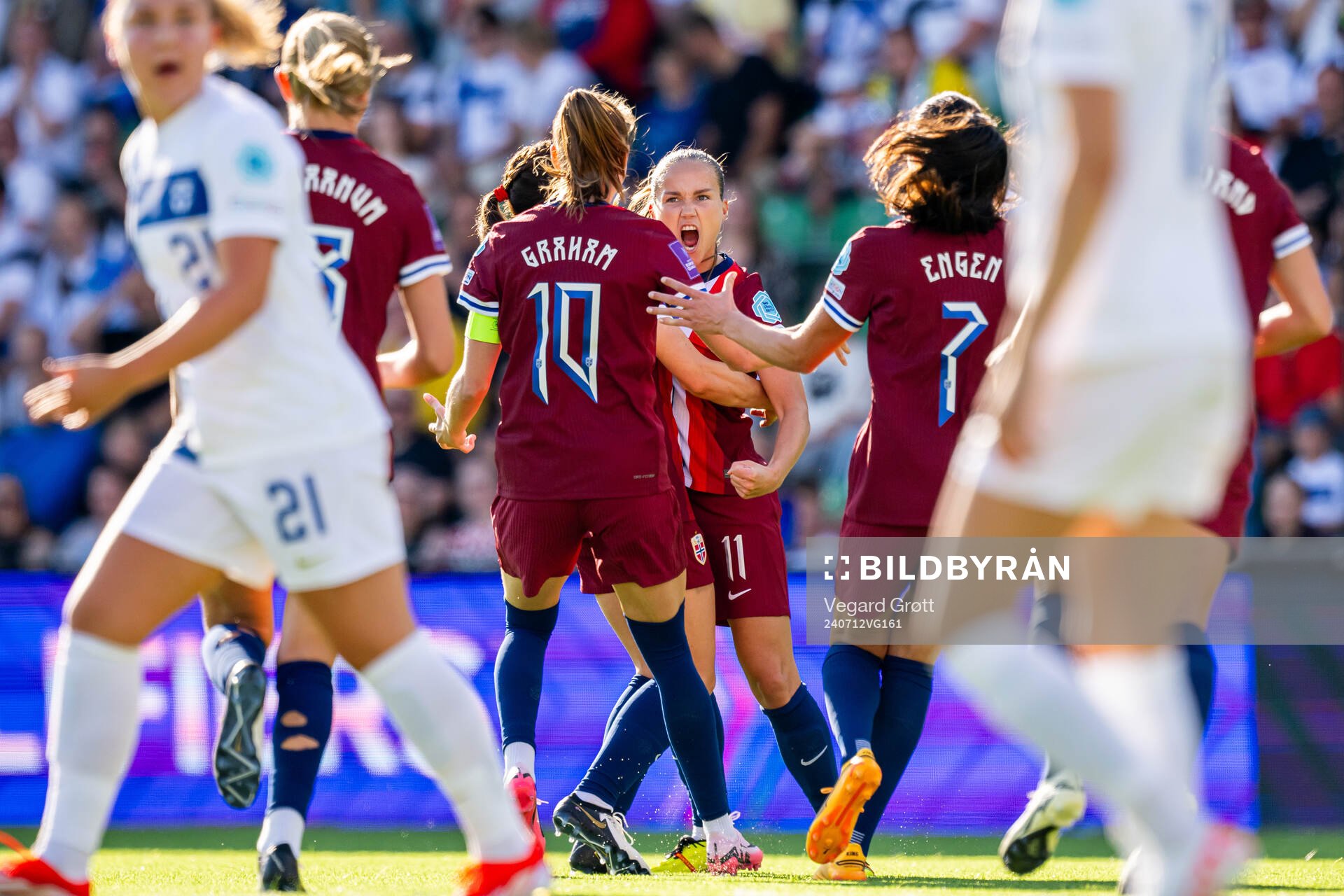 Guro Reiten of Norway celebrates with Caroline Graham Hansen and teammates after scoring 0-1 during the UEFA Women's Euro Qualifier football match between Finland and Norway on July 12, 2024 in Åbo. 