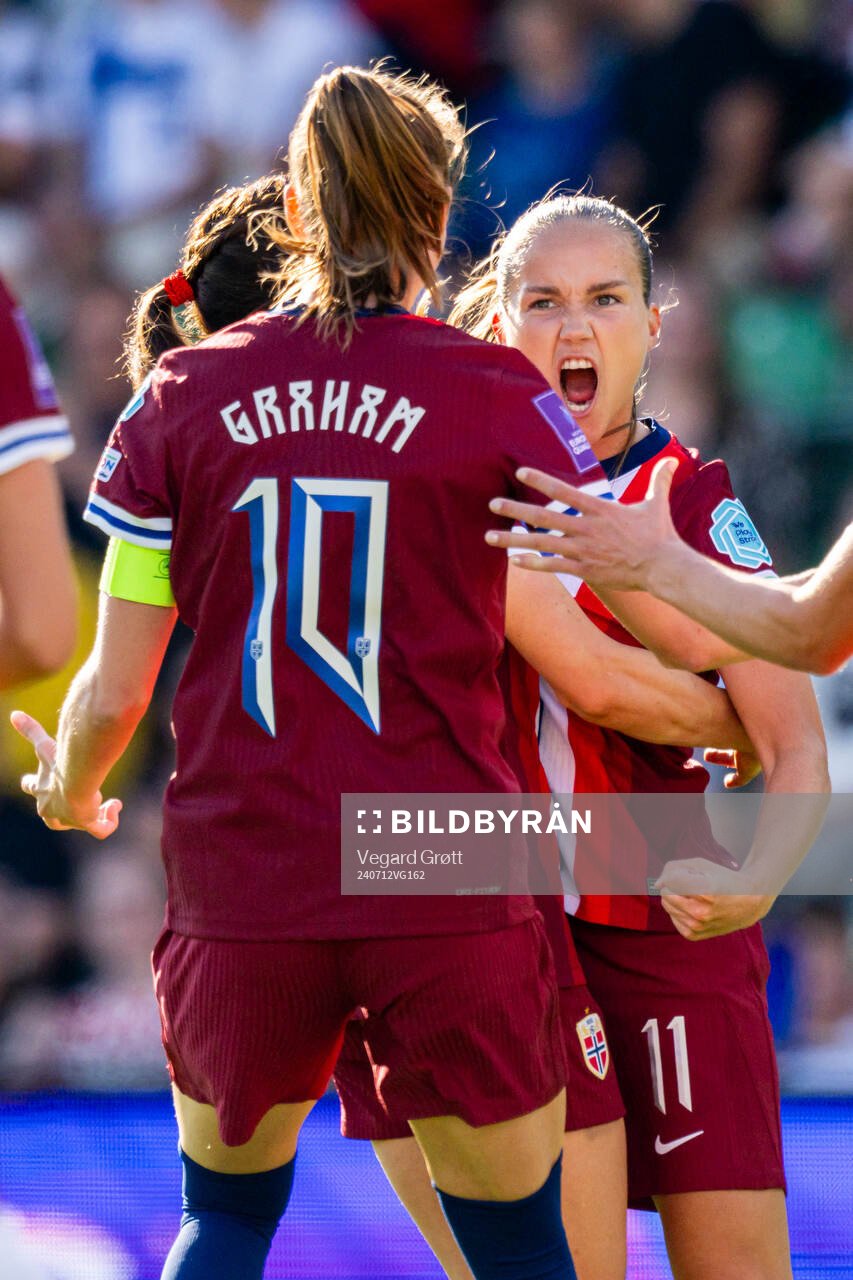 Guro Reiten of Norway celebrates with Caroline Graham Hansen