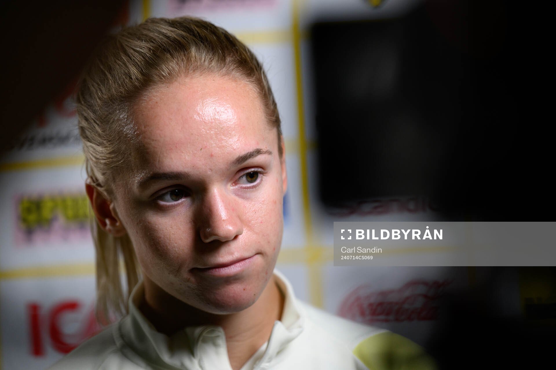 Hanna Lundkvist is being interviewed after a training session with the Swedish Women’s national football team on July 14, 2024 in Gothenburg. 