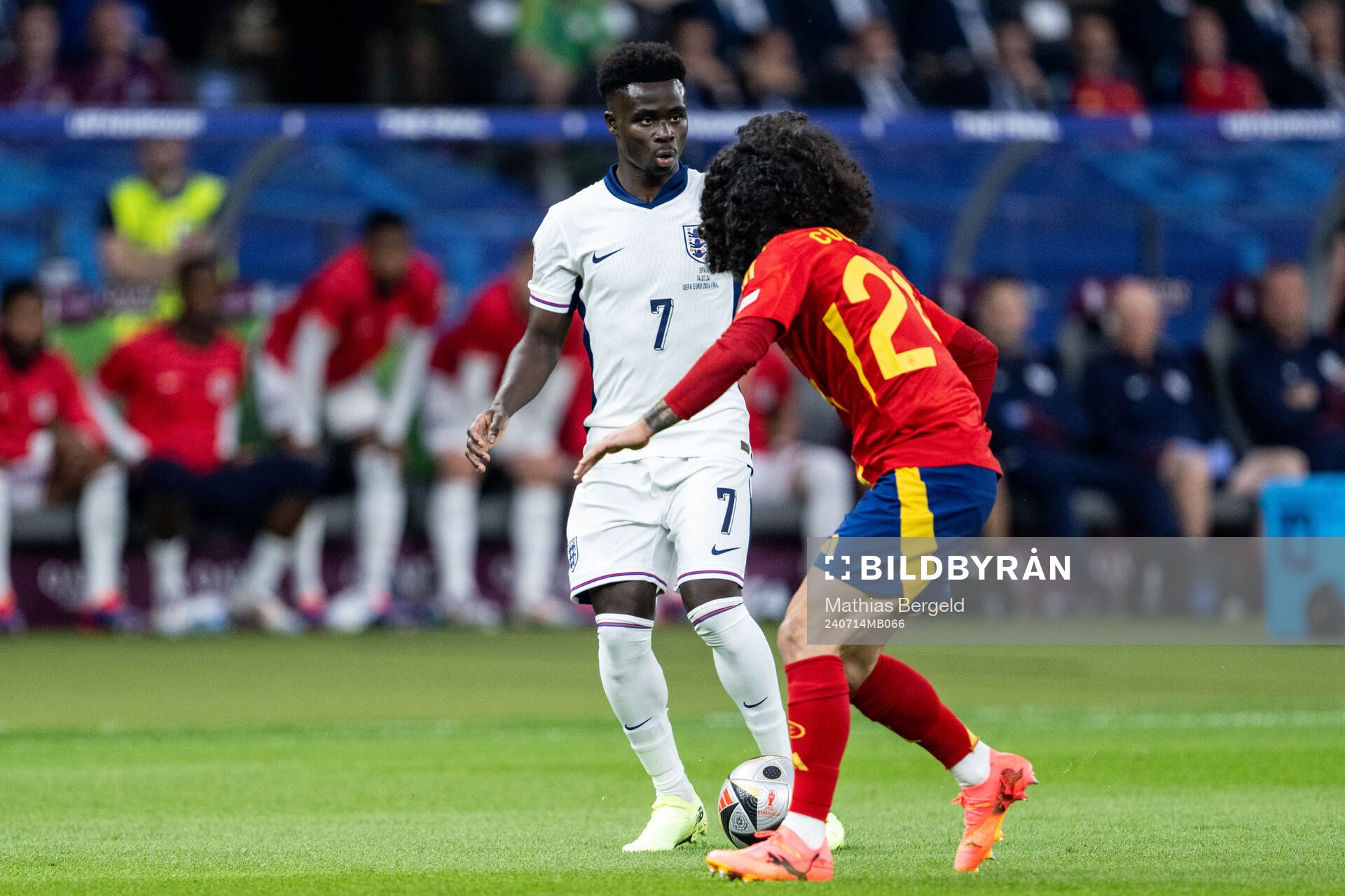 Bukayo Saka of England and Marc Cucurella of Spain