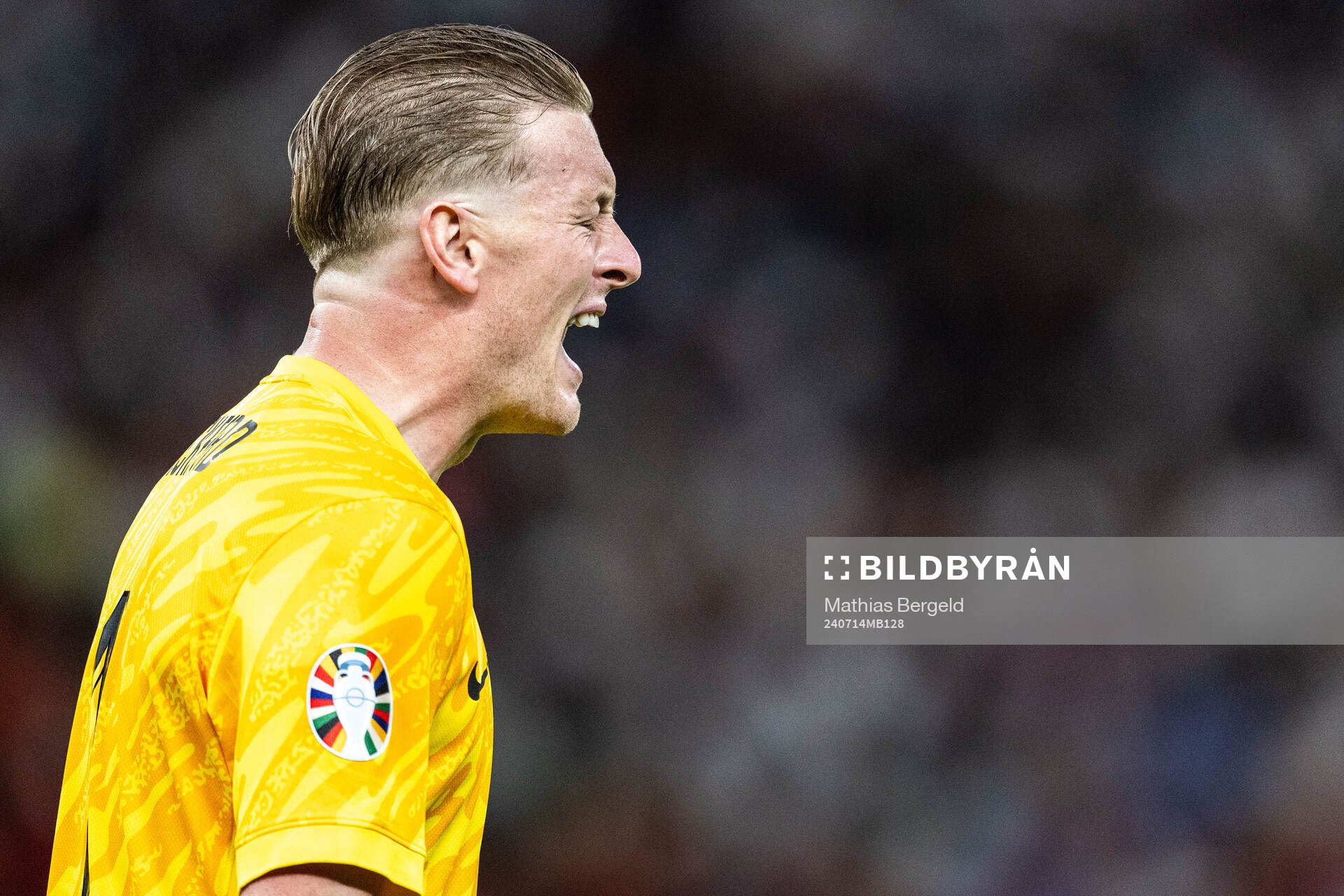 Goalkeeper Jordan Pickford of England reacts during the UEFA Euro 2024 Football Championship final between Spain and England on July 14, 2024 in Berlin.