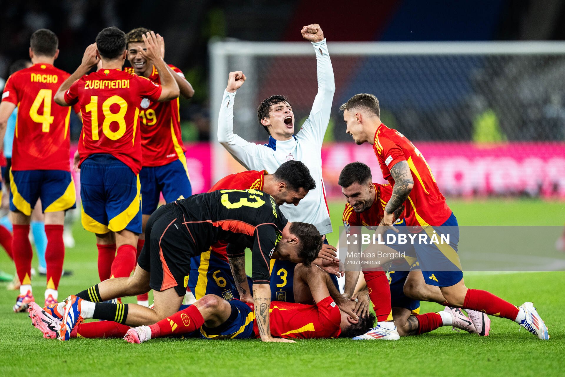 Robin Aime Le Normand Mainfray of Spain celebrates after the UEFA Euro 2024 Football Championship final between Spain and England on July 14, 2024 in Berlin.