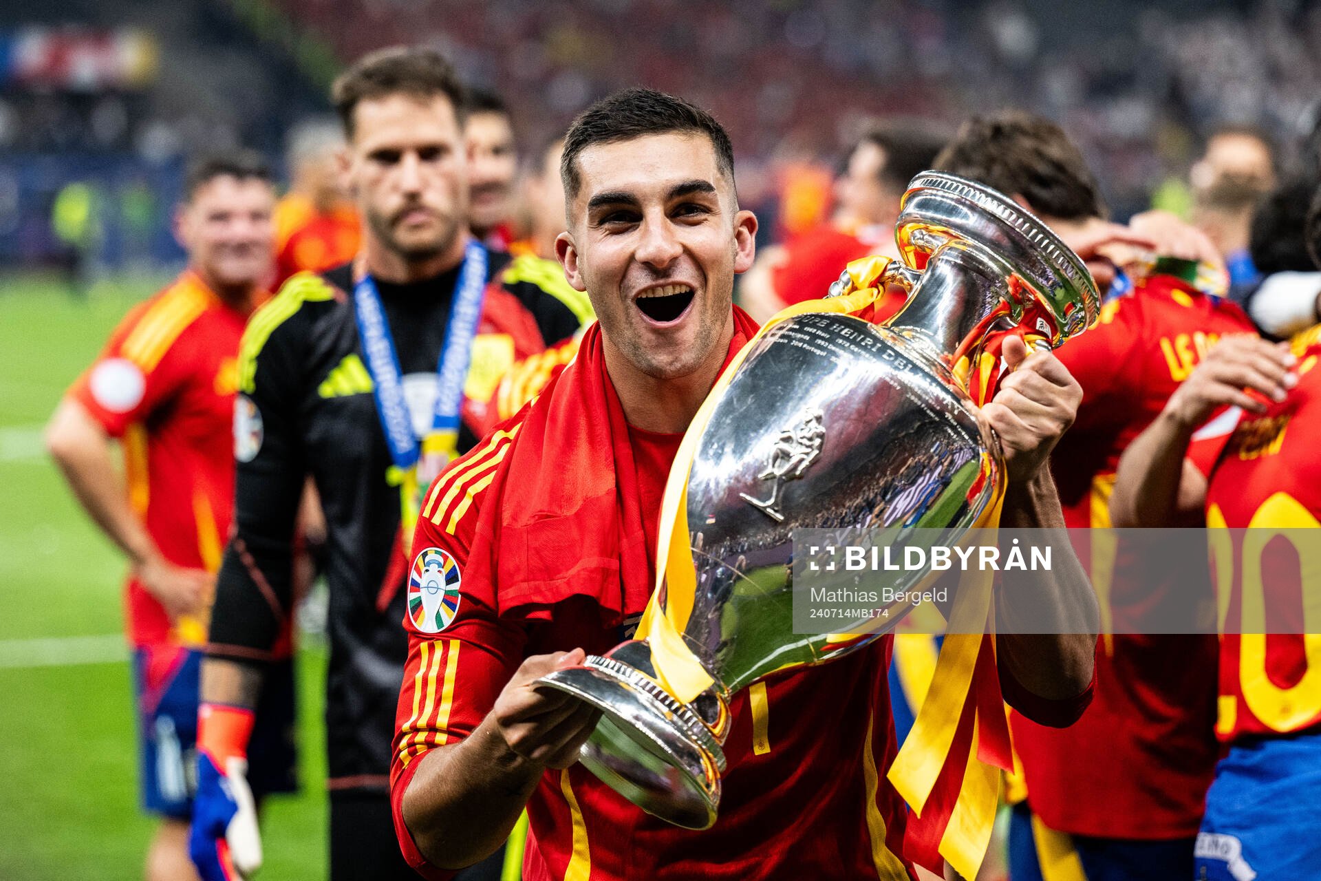 Ferran Torres of Spain celebrates with the trophy after the UEFA Euro 2024 Football Championship final between Spain and England on July 14, 2024 in Berlin. 