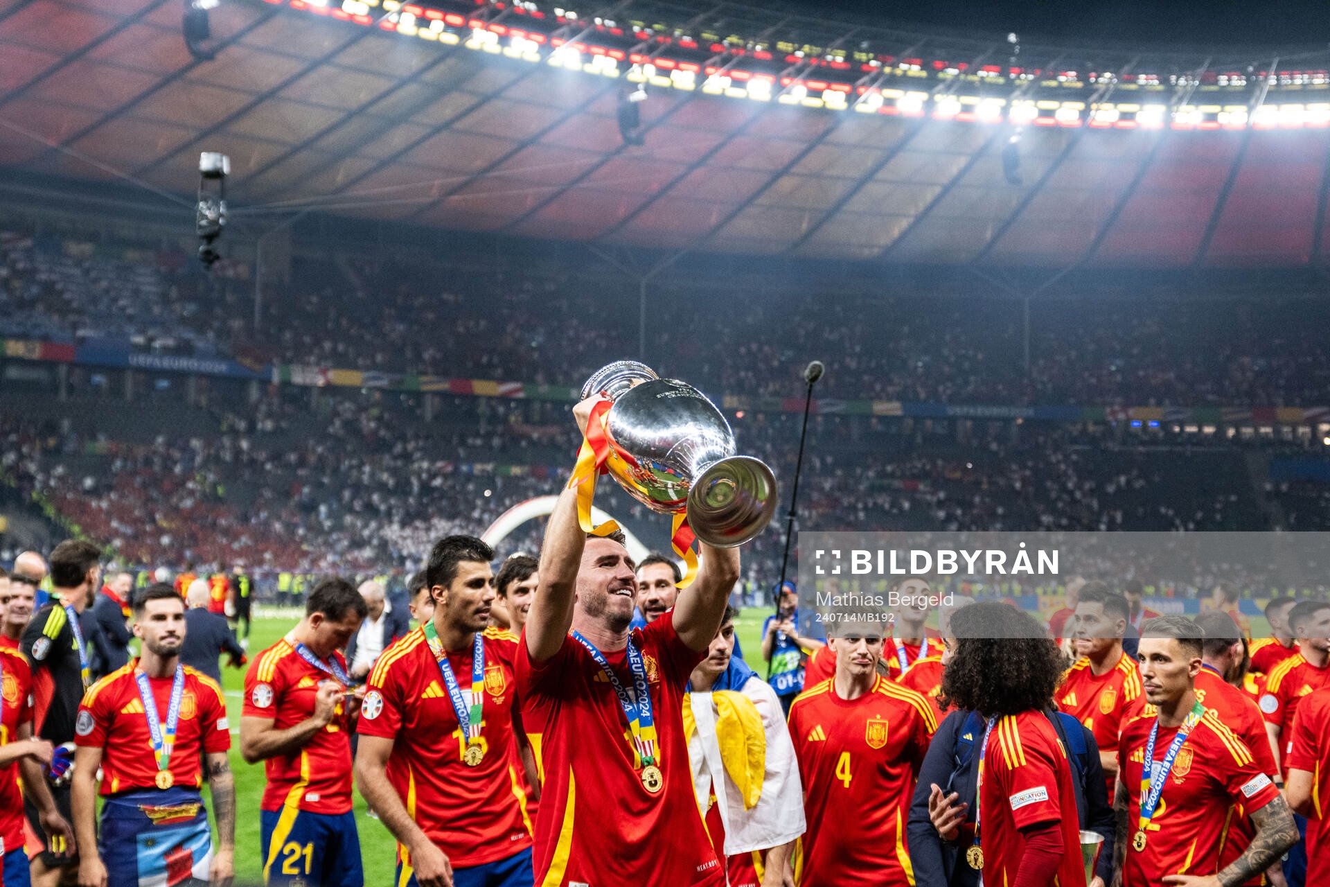 Aymeric Laporte of Spain celebrates with the trophy