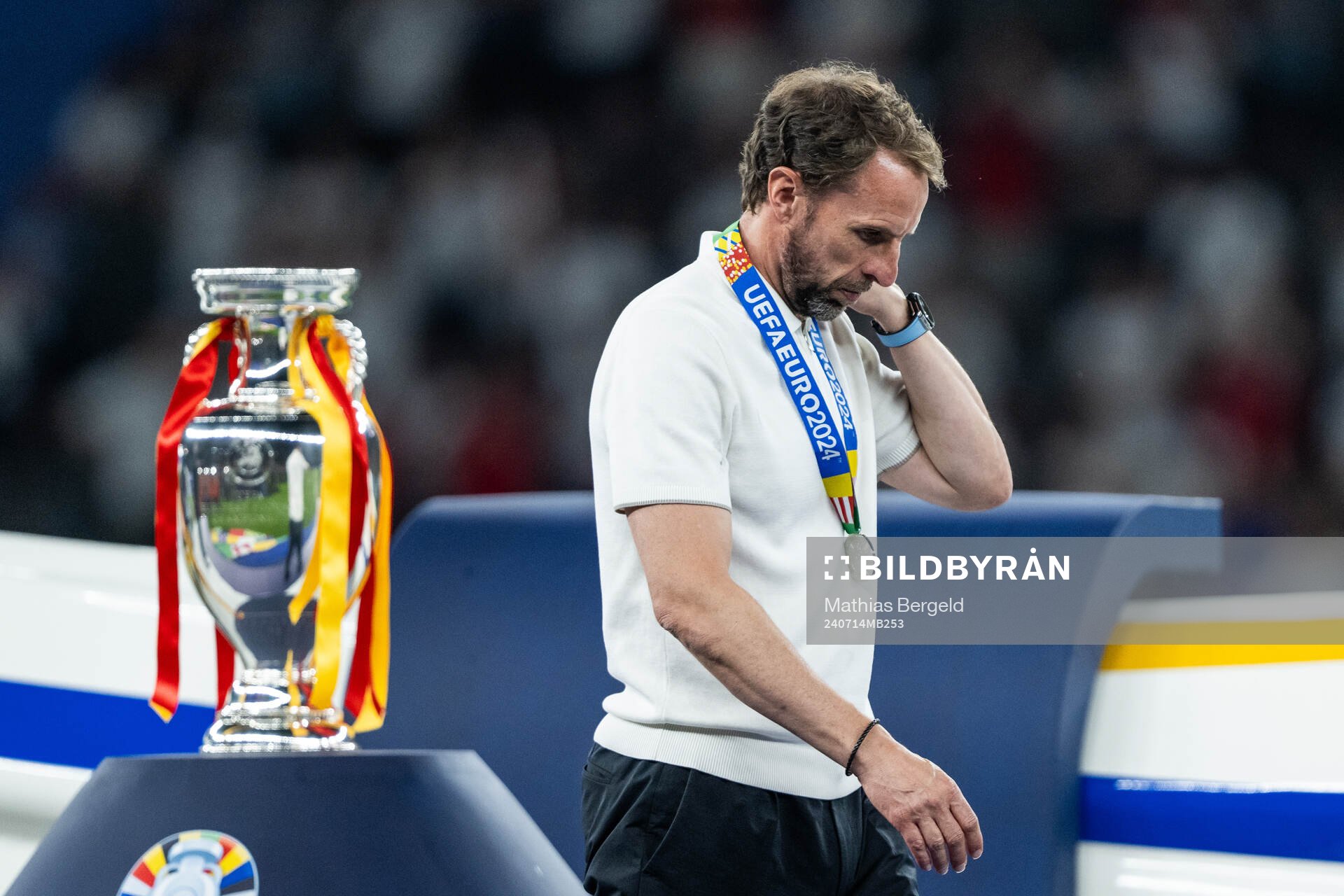 Head coach Gareth Southgate of England looks dejected as he