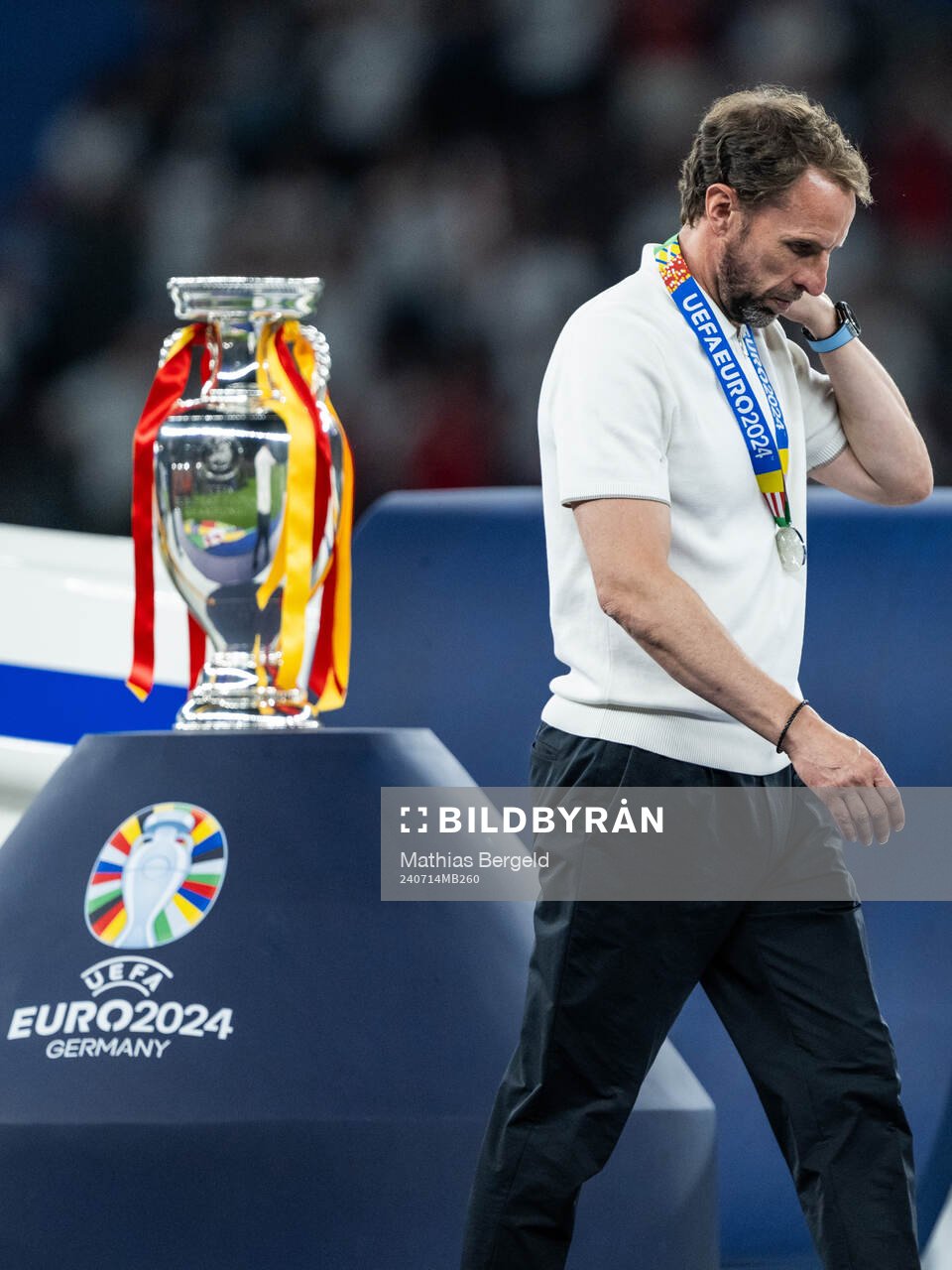 Head coach Gareth Southgate of England looks dejected as he