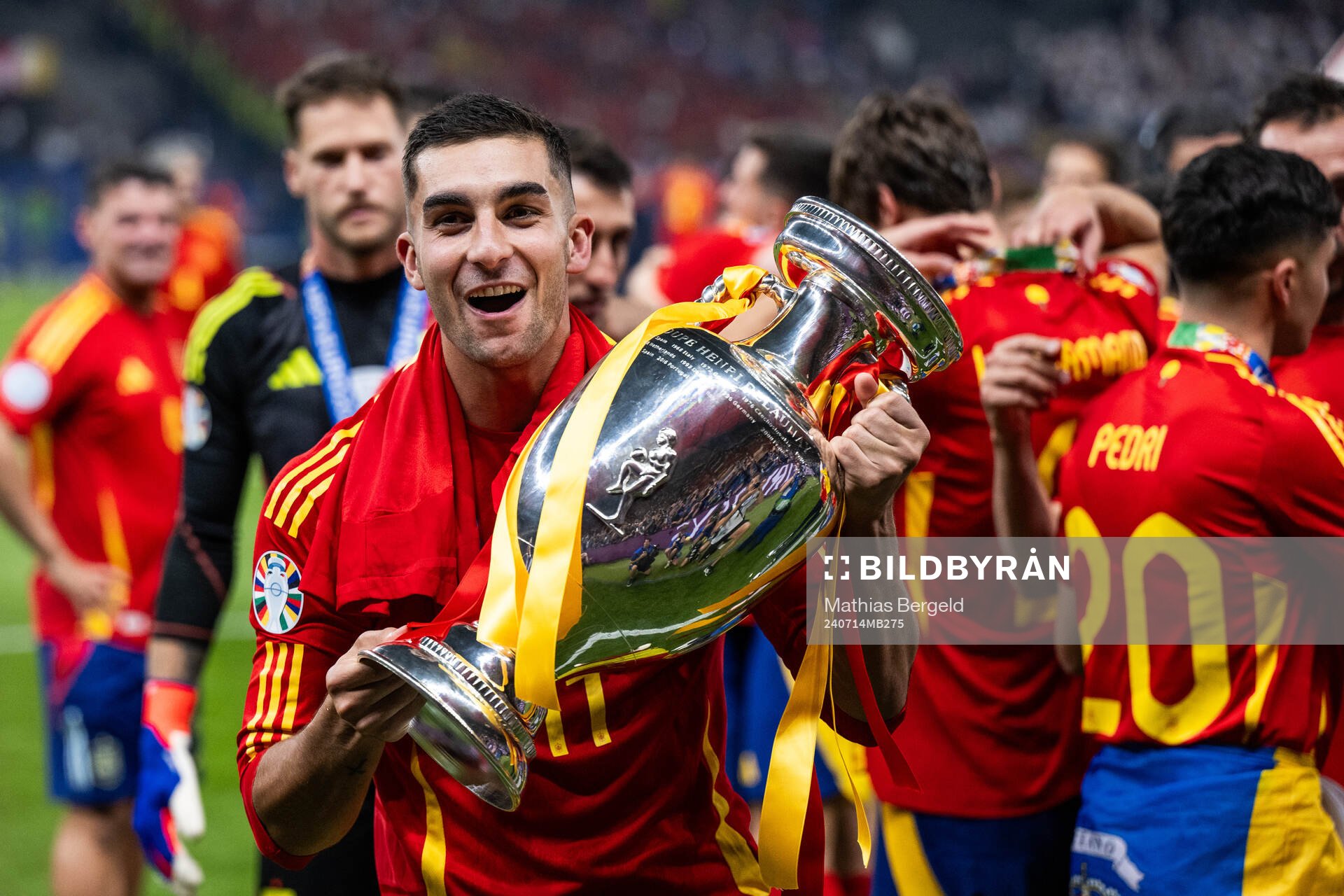 Ferran Torres of Spain celebrates with the trophy