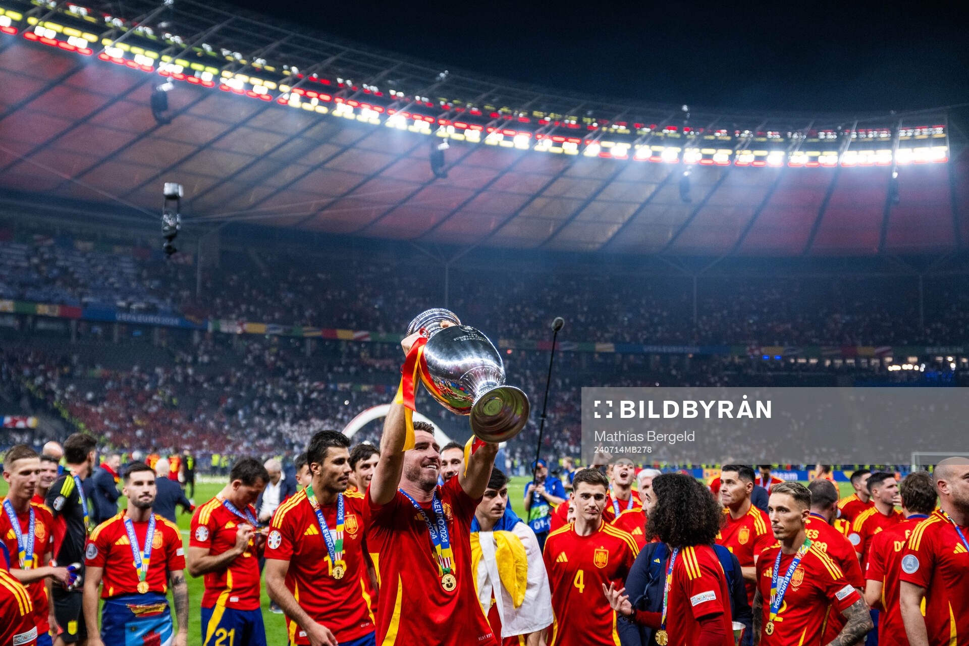 Aymeric Laporte of Spain celebrates with the trophy