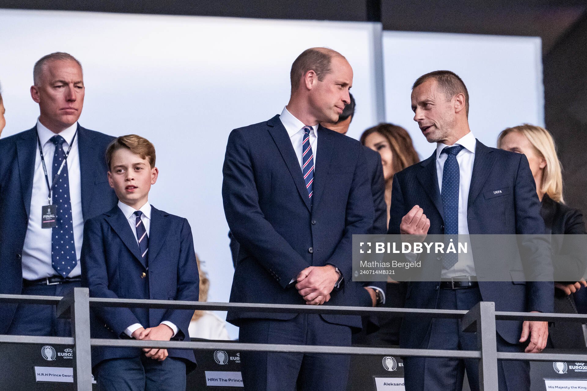 Prince George and Prince William of Great Britain stand next to Aleksander Ceferin, President of UEFA, ahead of the UEFA Euro 2024 Football Championship final between Spain and England on July 14, 2024 in Berlin.