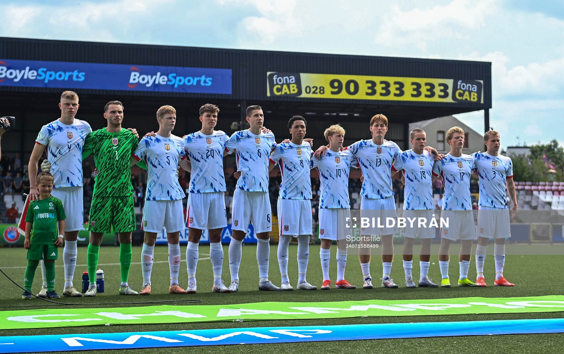 Norway players stand for their national anthem before the UEFA European Under-19 Championship group stage football match between Italy and Norway on July 15, 2024 in Belfast.
