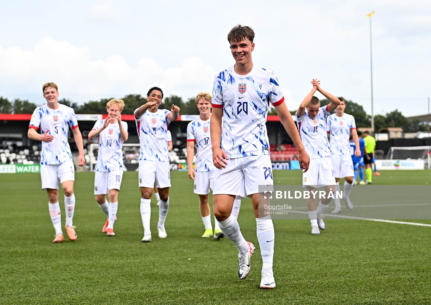 Daniel Braut of Norway celebrates after scoring his side's first goal during the UEFA European Under-19 Championship group stage football match between Italy and Norway on July 15, 2024 in Belfast.