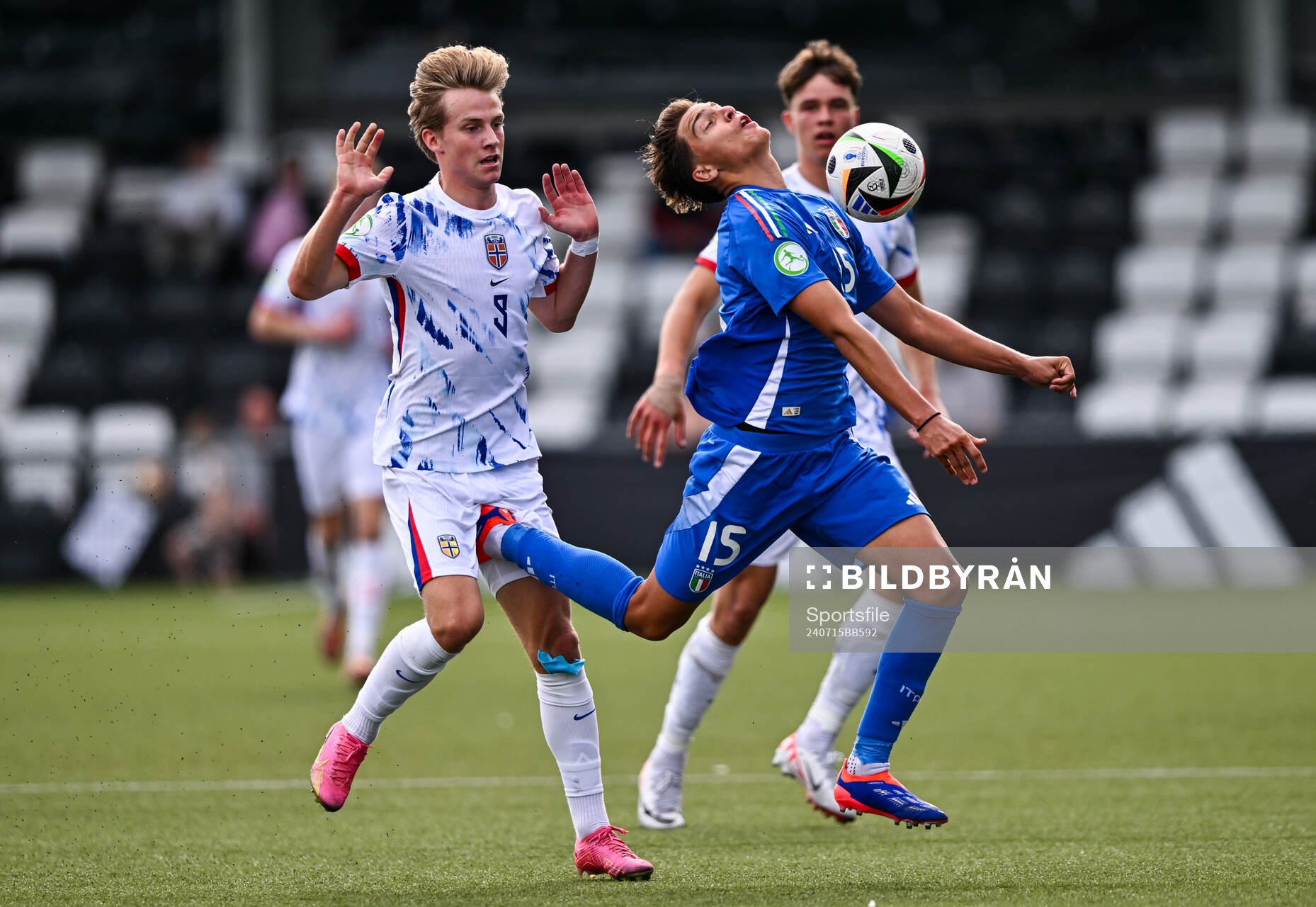 Jonas Harder of Italy in action against Benjamin Thoresen Faraas of Norway during the UEFA European Under-19 Championship group stage football match between Italy and Norway on July 15, 2024 in Belfast.