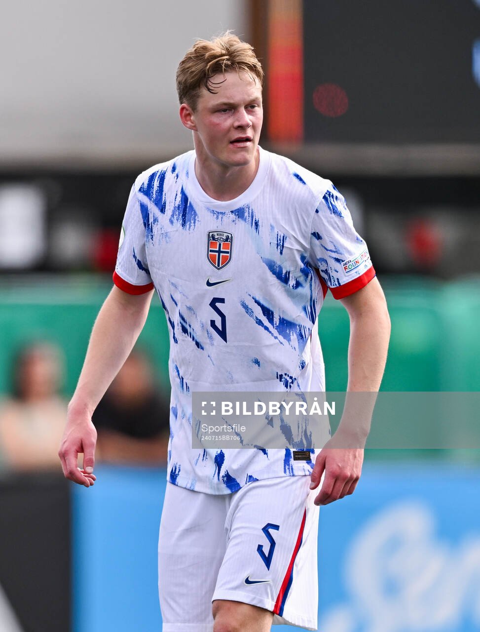 Rasmus Holten of Norway during the UEFA European Under-19 Championship group stage football match between Italy and Norway on July 15, 2024 in Belfast.