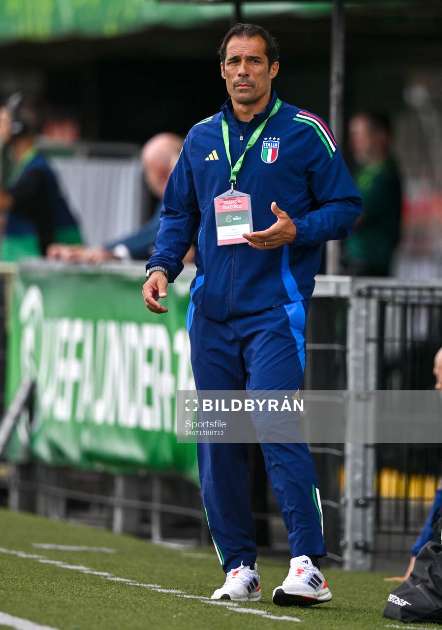Italy head coach Bernardo Corradi during the UEFA European Under-19 Championship group stage football match between Italy and Norway on July 15, 2024 in Belfast.