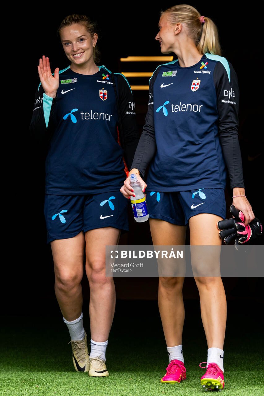Goalkeeper Guro Pettersen and goalkeeper Selma Panengstuen of the Norwegian women's national football team ahead of a training session on July 15, 2024 in Bergen.