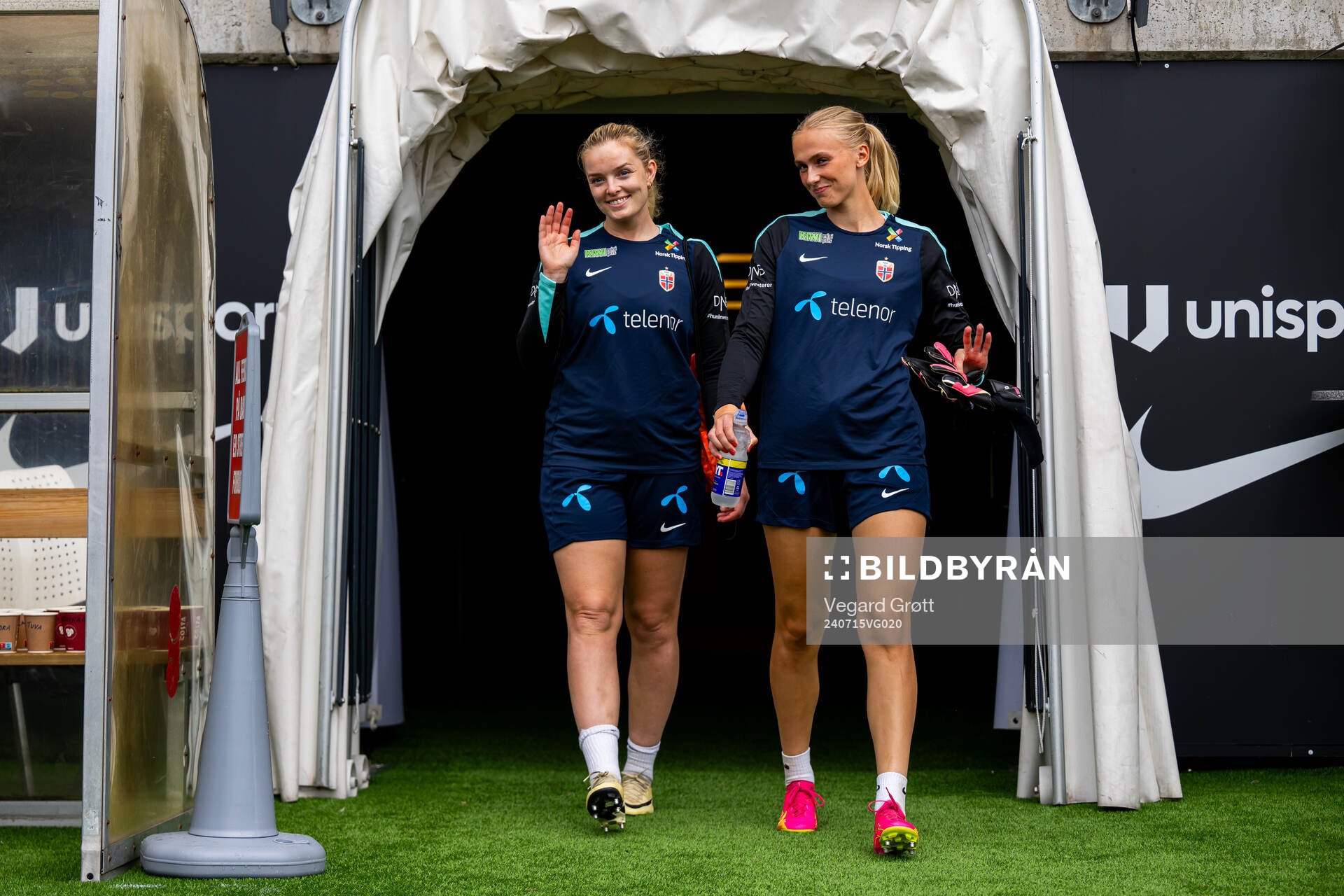 Goalkeeper Guro Pettersen and goalkeeper Selma Panengstuen of the Norwegian women's national football team ahead of a training session on July 15, 2024 in Bergen.