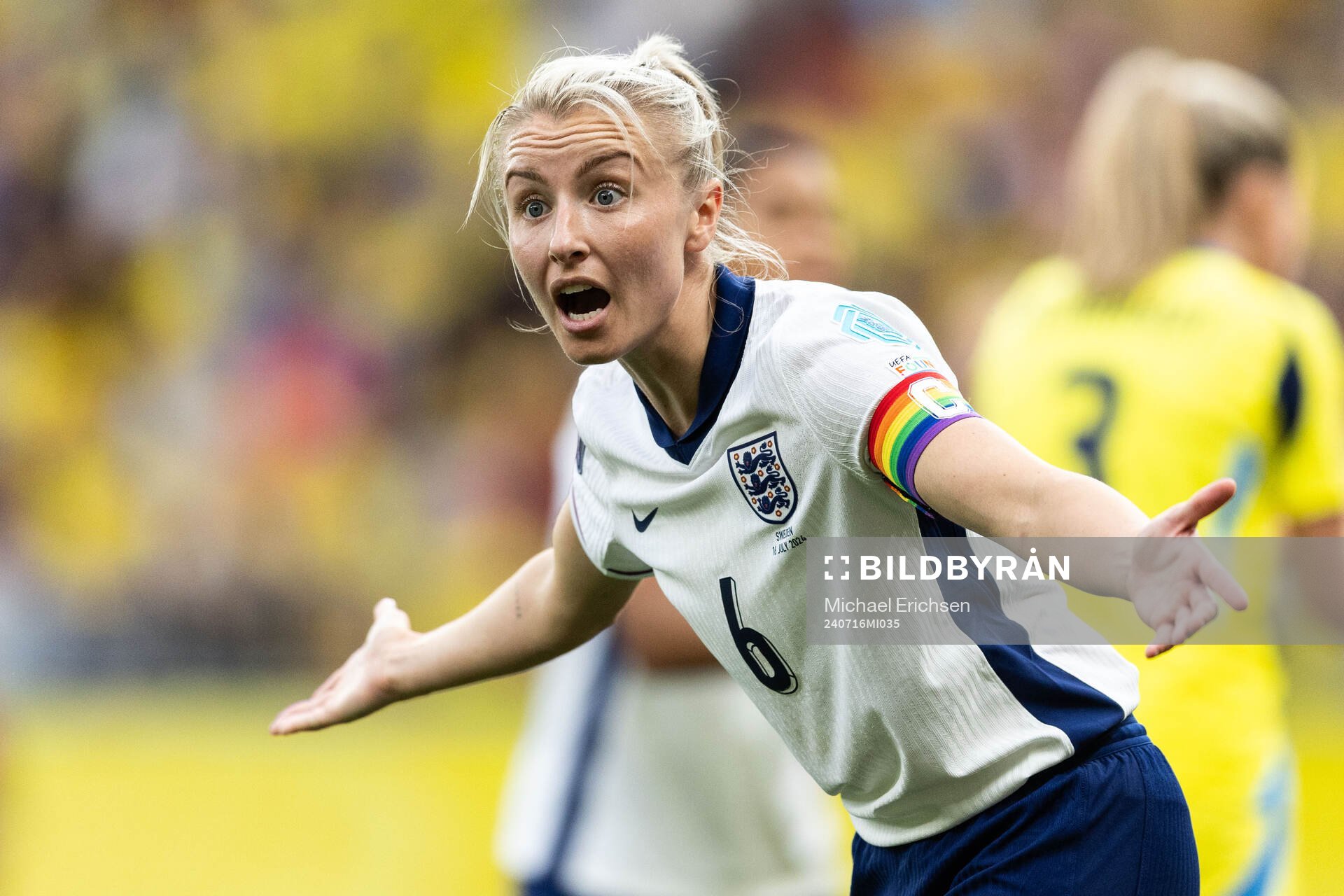 Leah Williamson of England reacts