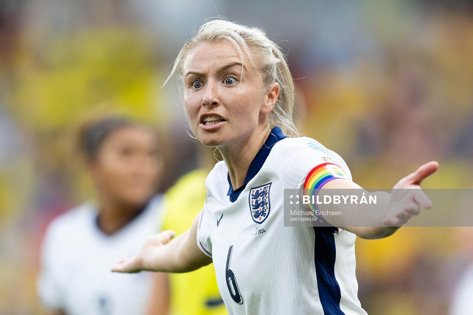 Leah Williamson of England reacts