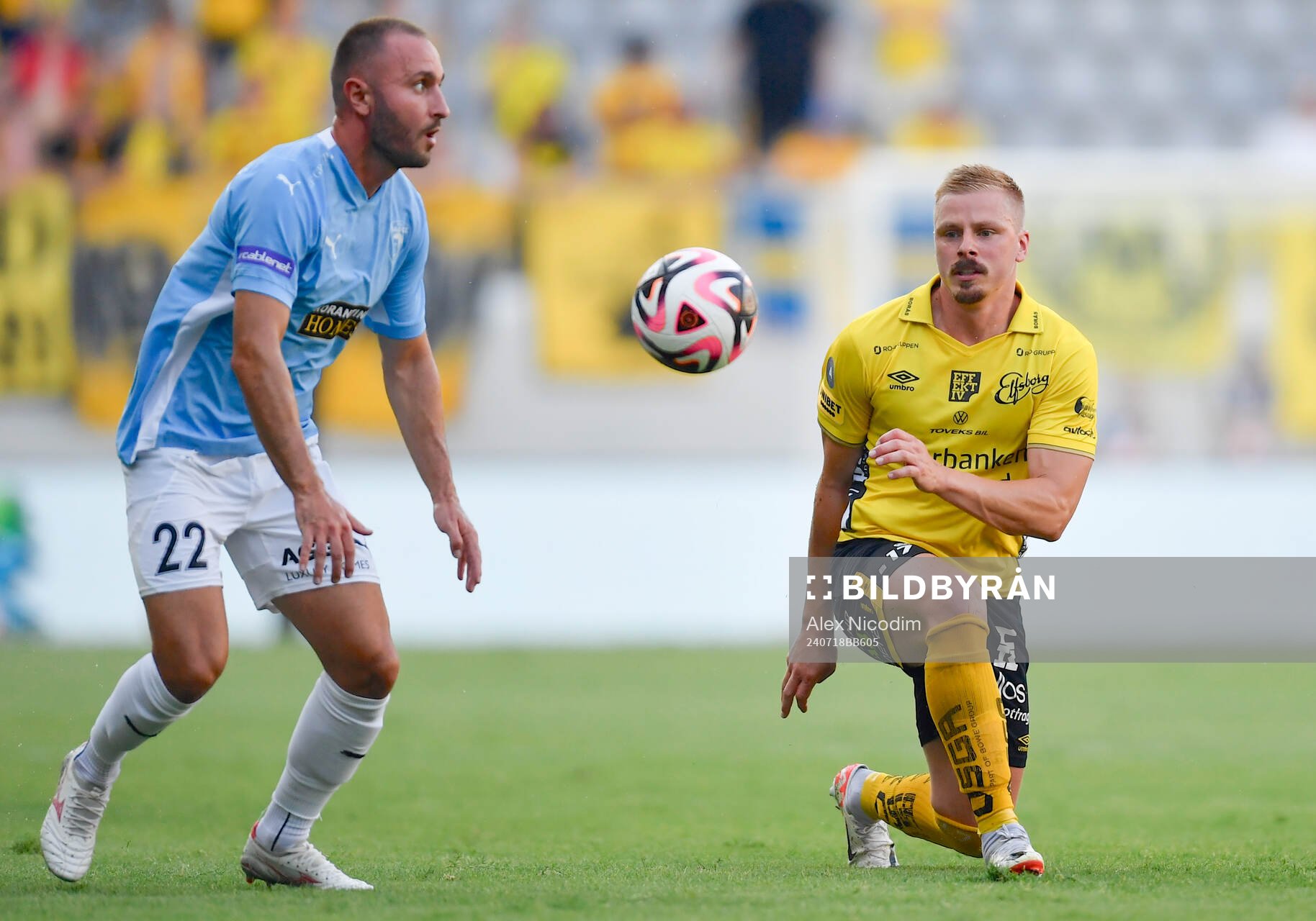 Muamer Tankovic of Pafos and Per Frick of Elfsborg during the UEFA Europa League qualification match between Pafos and Elfsborg on July 18, 2024 in Limassol.