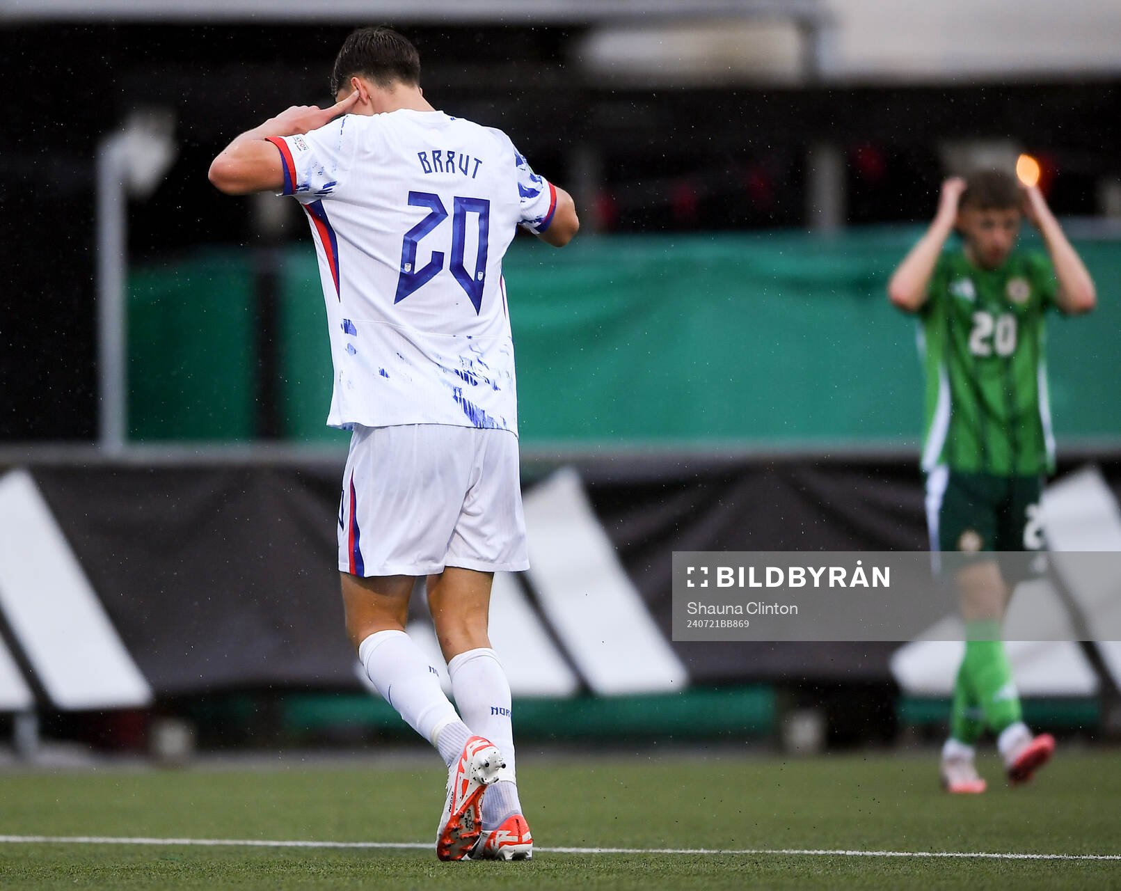 Daniel Braut of Norway celebrates after scoring his side's second goal during the UEFA European Under-19 Championship group stage football match between Northern Ireland and Norway on July 21, 2024 in Belfast.