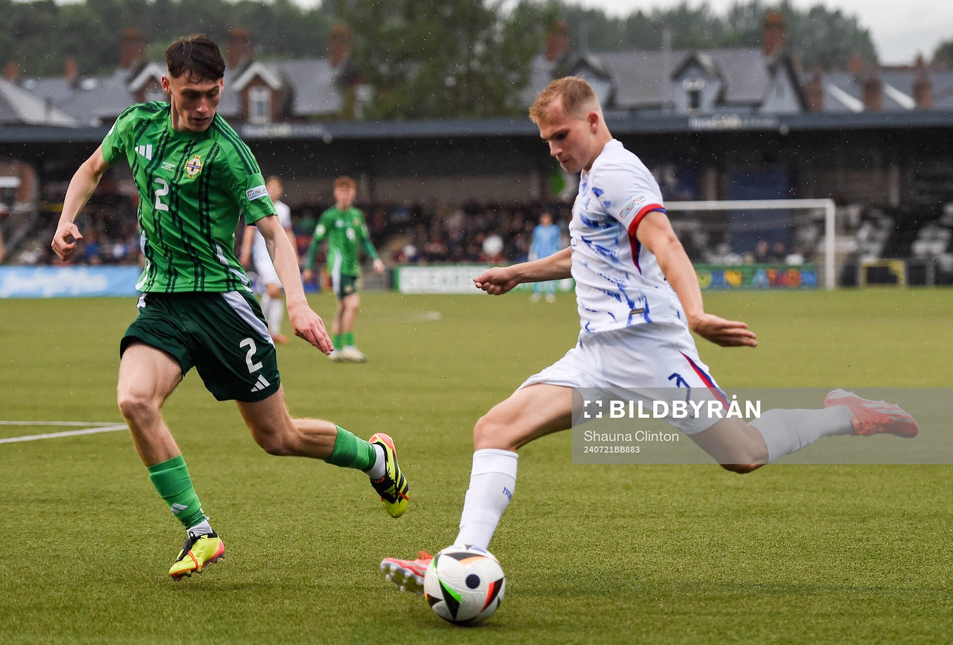 Alexander Andresen of Norway in action against Conor Barr of Northern Ireland during the UEFA European Under-19 Championship group stage football match between Northern Ireland and Norway on July 21, 2024 in Belfast.
