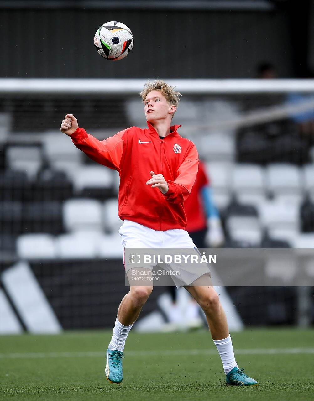 Vetle Auklend of Norway warms-up before the UEFA European Under-19 Championship group stage football match between Northern Ireland and Norway on July 21, 2024 in Belfast.