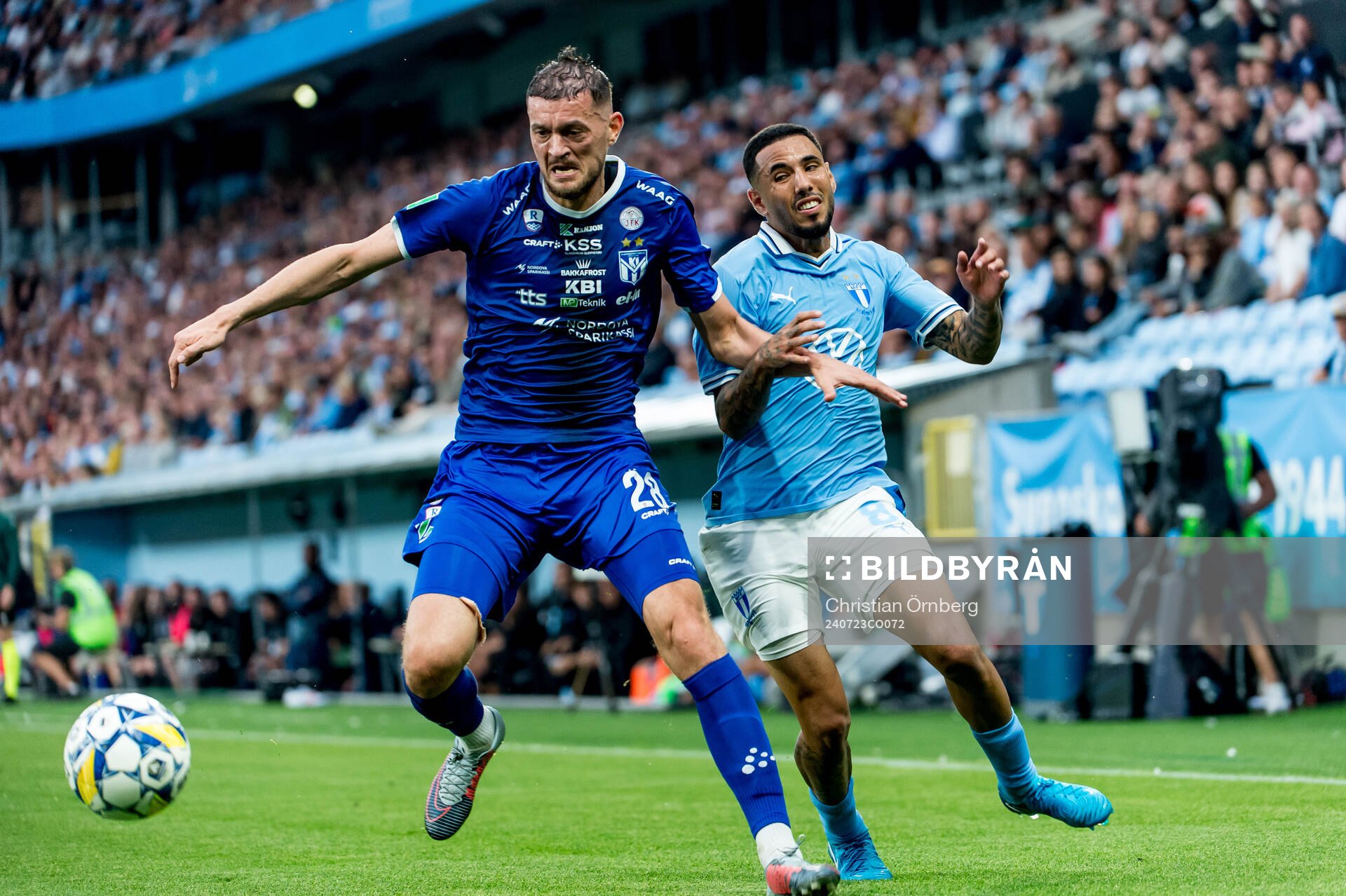Albert Ejupi of Klaksvik and Sergio Pena of Malmö FF during the UEFA Champions League football match between Malmö FF and Klaksvik on July 23, 2024 in Malmö.